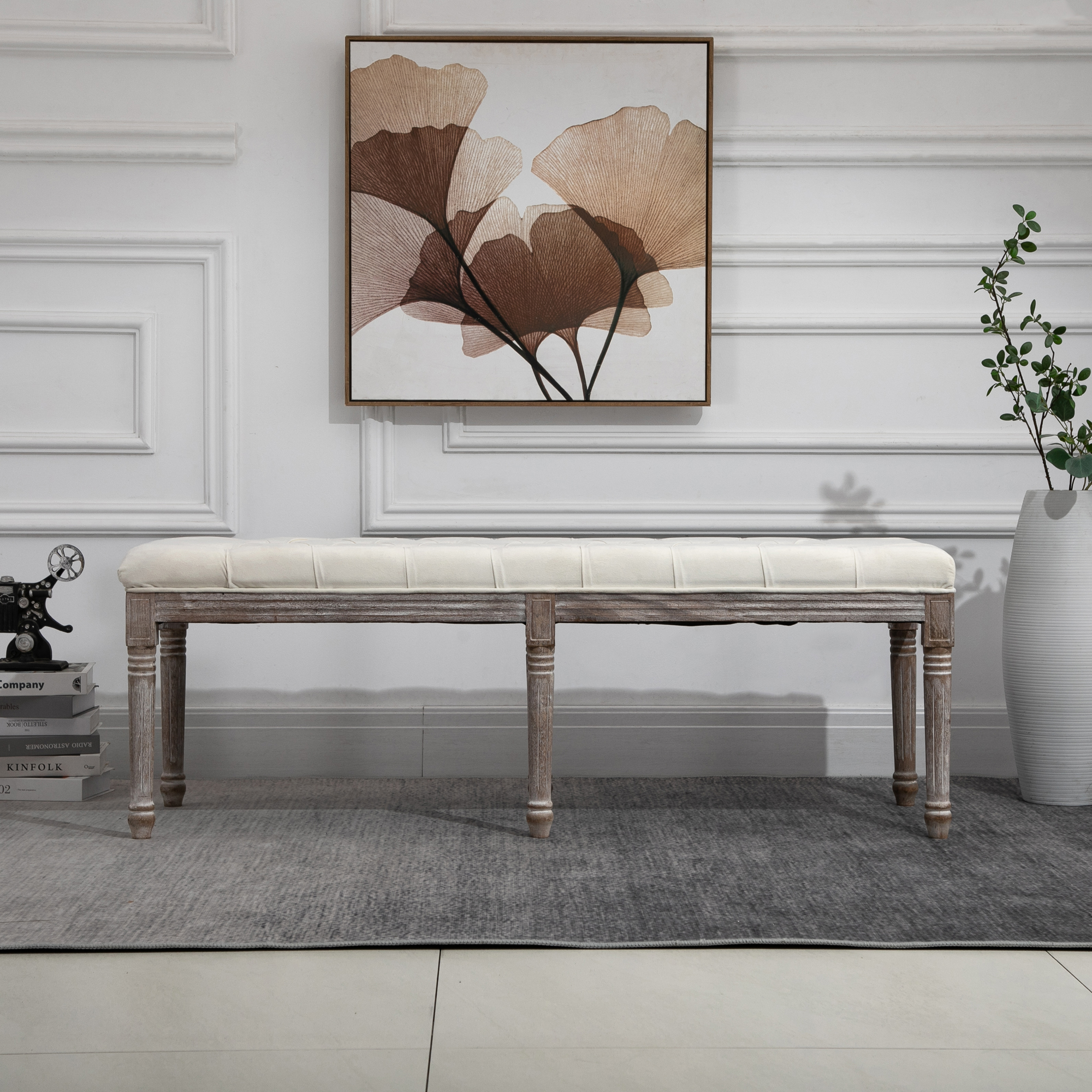 Polsterbank Sitzbank Vintage Bettbank mit Knöpfen Samtige Berührung Gummiholz Beige 142 x 47 x 51 cm