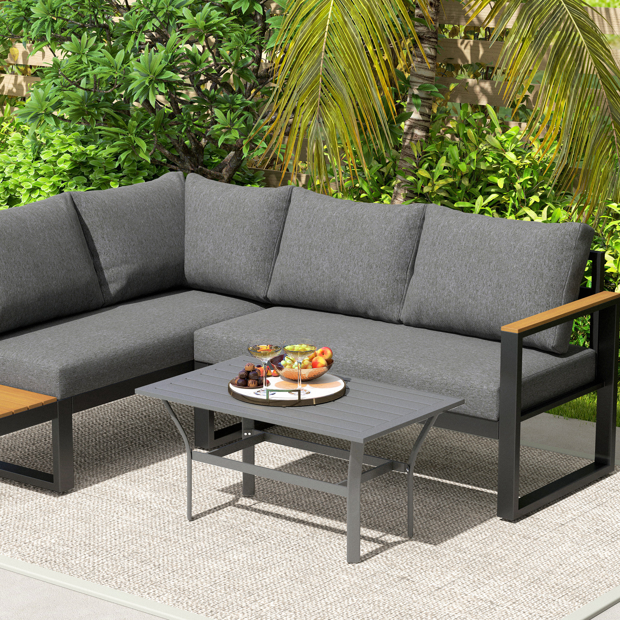 Beistelltisch Metall Balkontisch mit Lamellendesign wetterfest Kaffeetisch Gartentisch 91,5 x 55 x 45 cm Dunkelgrau