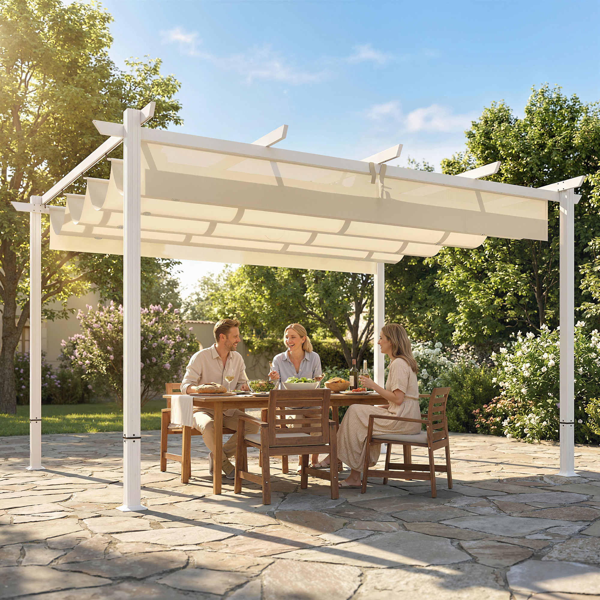 Pergola 3 x 4 m Terrassenüberdachung mit Schiebedach, magnetische Verschlüsse, UV30+ Beige