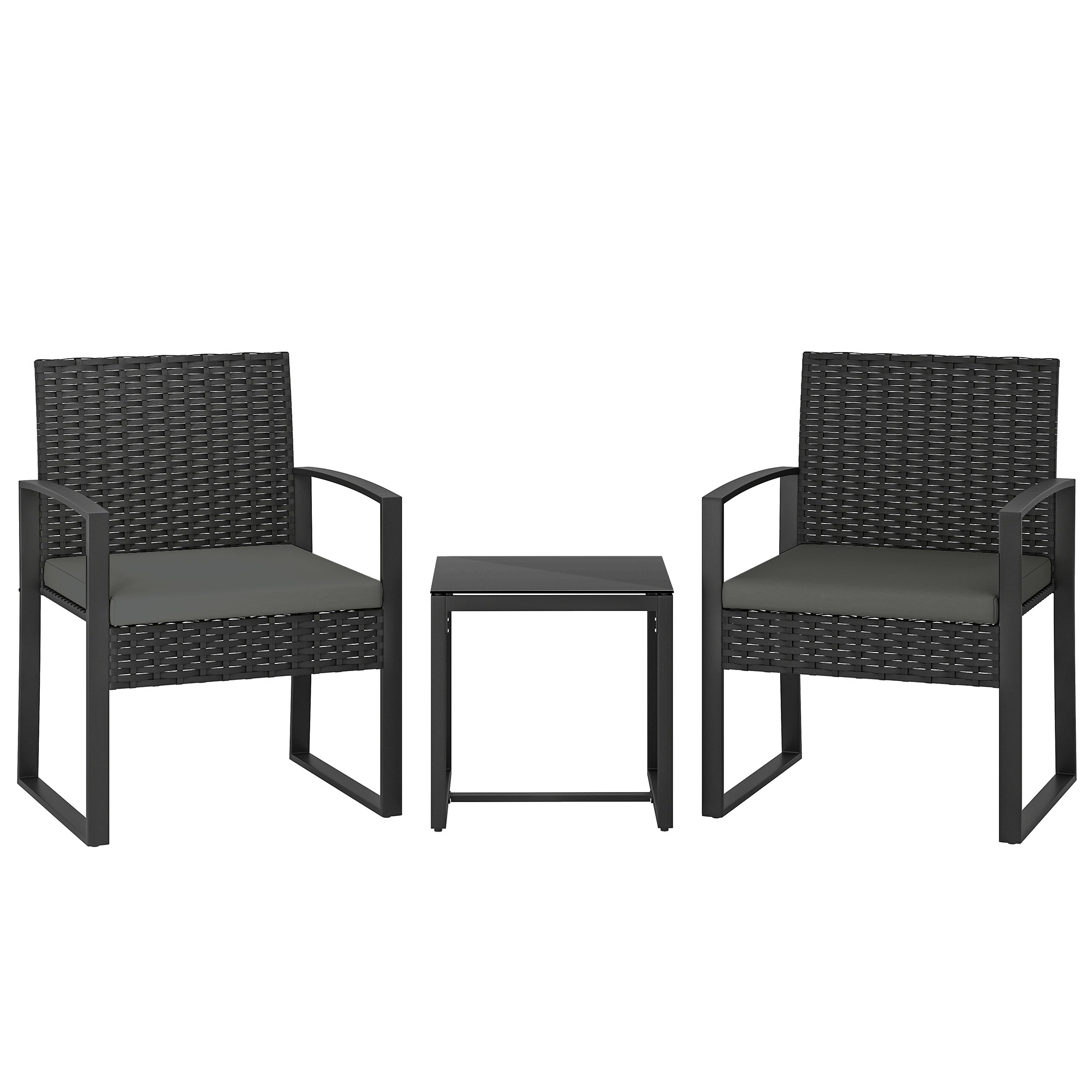 Rattan Bistroset, 3 teiliges Gartenmöbel-Set mit 2 Gartenstühlen, Couchtisch, abnehmbar Kissen Dunkelgrau