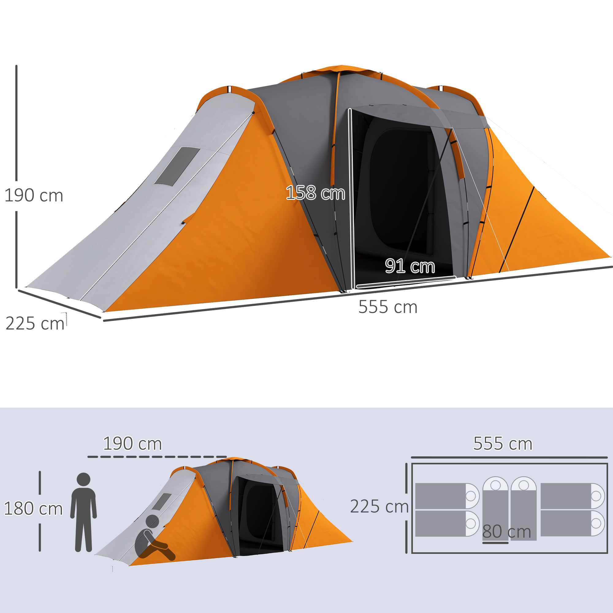 Tunnelzelt, 2000mm Wasserabweisend Campingzelt für 4-6 Personen, mit 2 Schlafzimmern Wohnbereich Tragetasche Grau+Orange