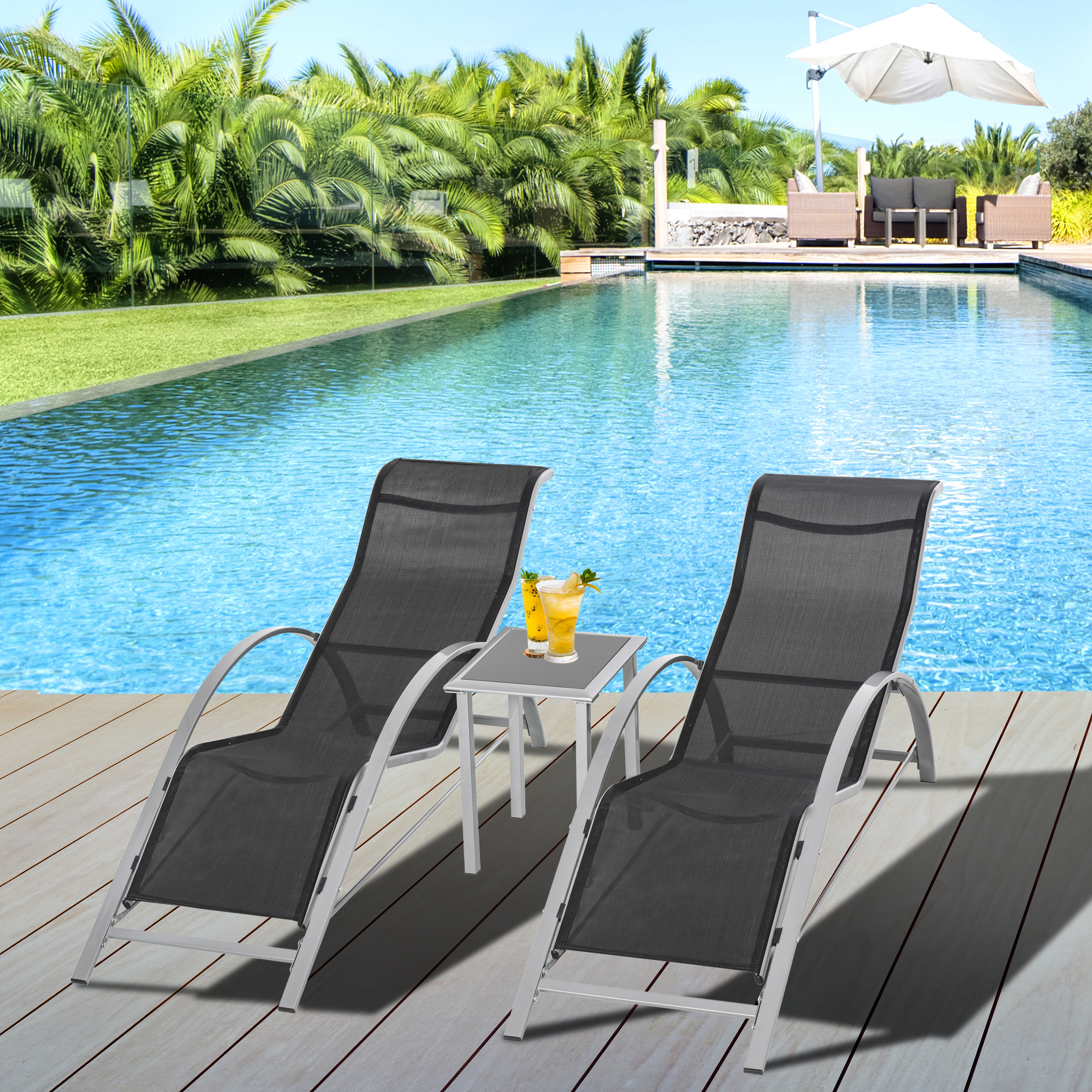 Gartenliege Set Metall Mesh 3-TLG. Sonnenliege mit Teetisch Gartengarnitur mit 2 Sonnenliegen, 1 Beistelltisch Gartensitzgruppe für Garten, Balkon 59B x 169T x 66H cm Schwarz+Silber