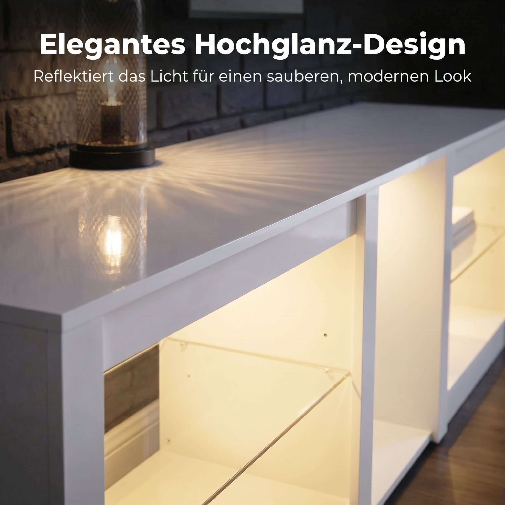 TV-Lowboard mit RGB-LED-Beleuchtung, Modernes TV-Möbel mit verstellbaren Glasböden, für Fernseher bis 75 Zoll, Weiß