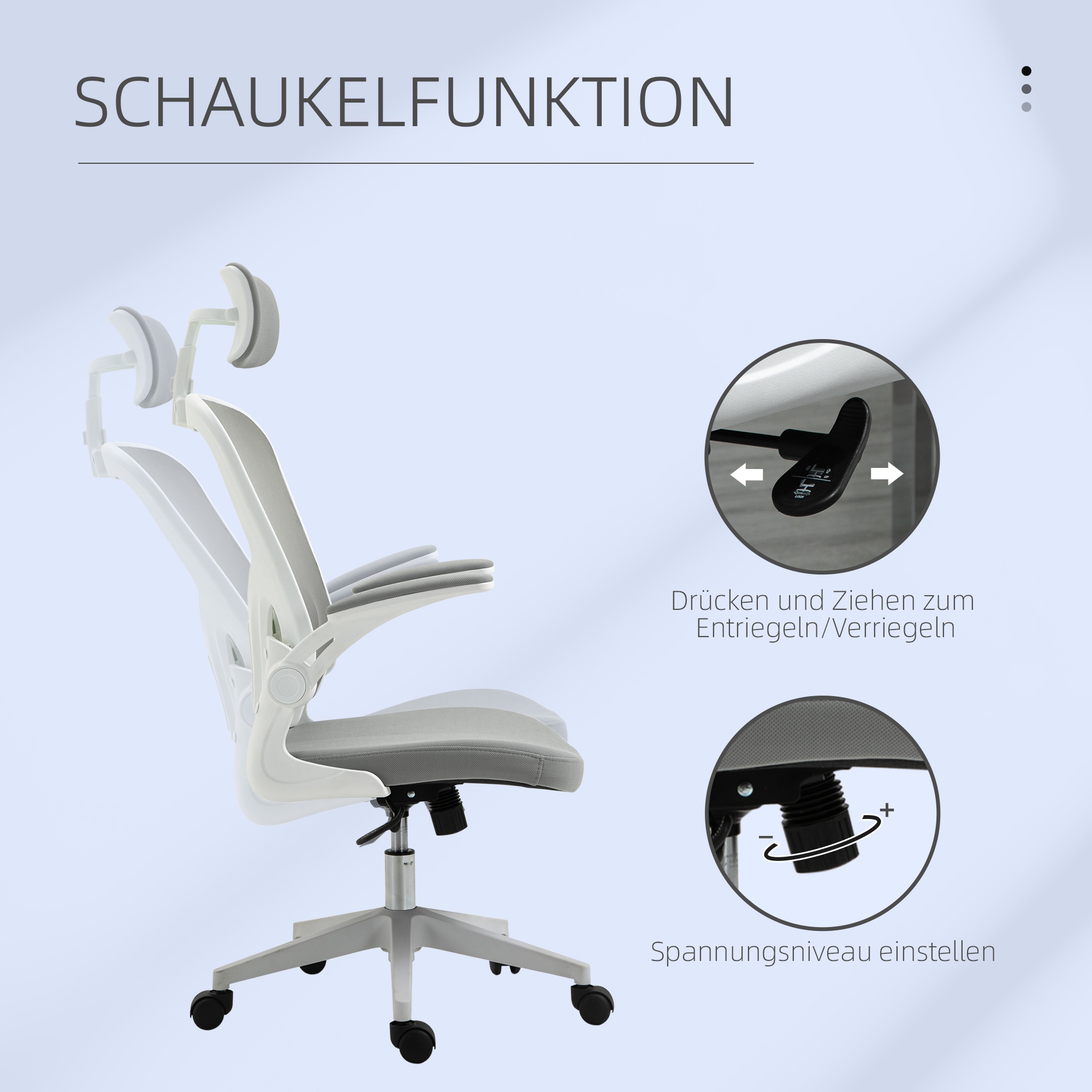 Bürostuhl ergonomischer Shreibtischstuhl mit Wippfunktion hoher Rückenlehne Lendenwirbelstütze Kopfstütze hochklappbarem Arm Home-Office Grau 65 x 64 x 114-122 cm