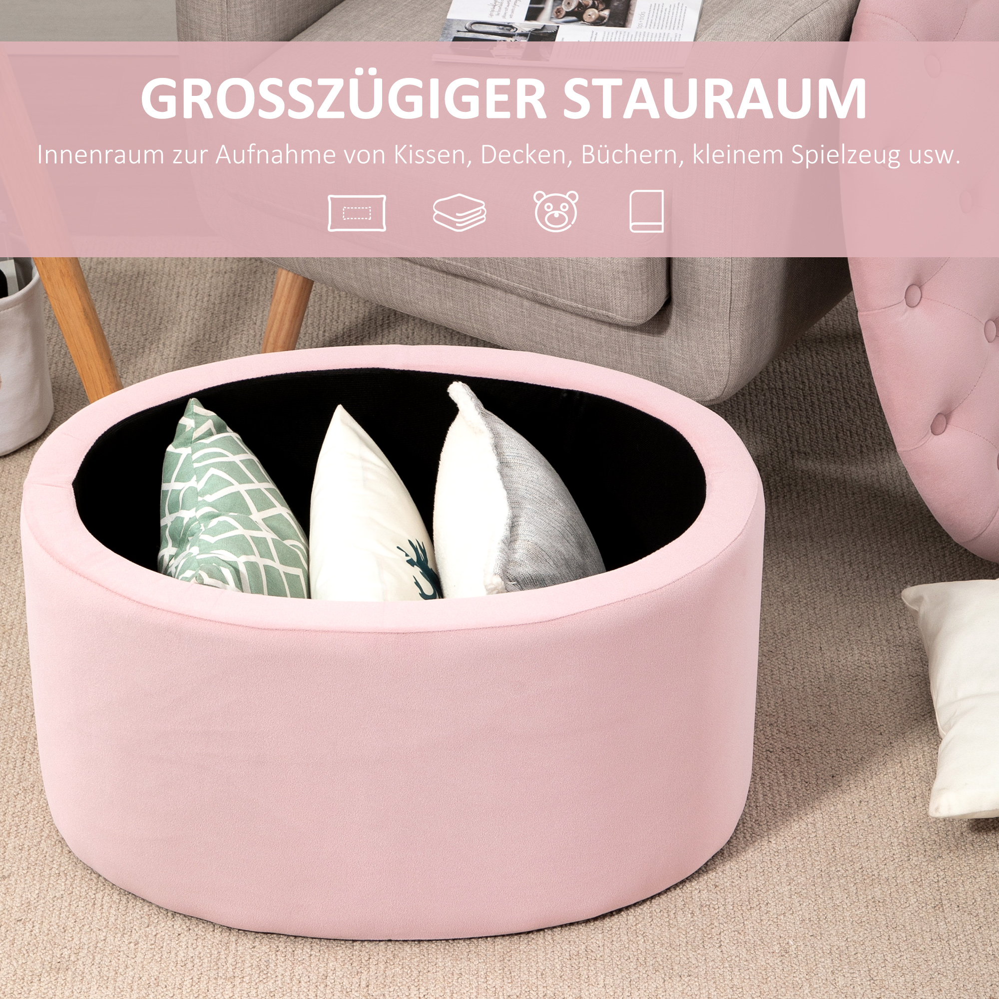 Sitzbank mit Stauraum Polsterbank mit Samtoptik, Sitztruhe Ovale Form, Truhenbank für Wohnzimmer Schlafzimmer Flur 71 x 52 x 42 cm, Rosa