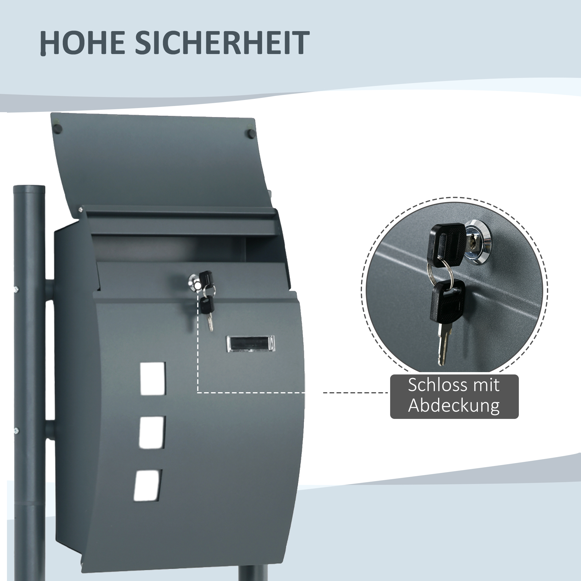 Briefkasten Postkasten, Verriegelung, Standbriefkasten, 2 Schlüssel, Stahl, 44 cm x 15 cm x 114 cm,  Grau