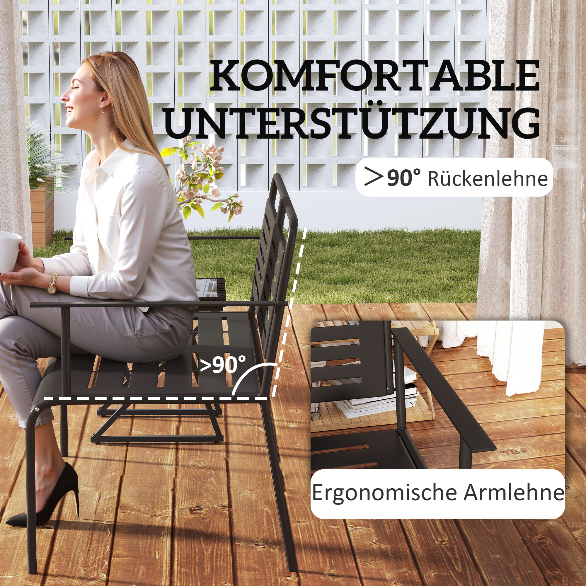 2-Sitzer Gartenbank, wetterfest Sitzbank, wasserabweisend Gartenmöbel mit Rücken- & Armlehnen 121 x 64 x 84cm, Schwarz