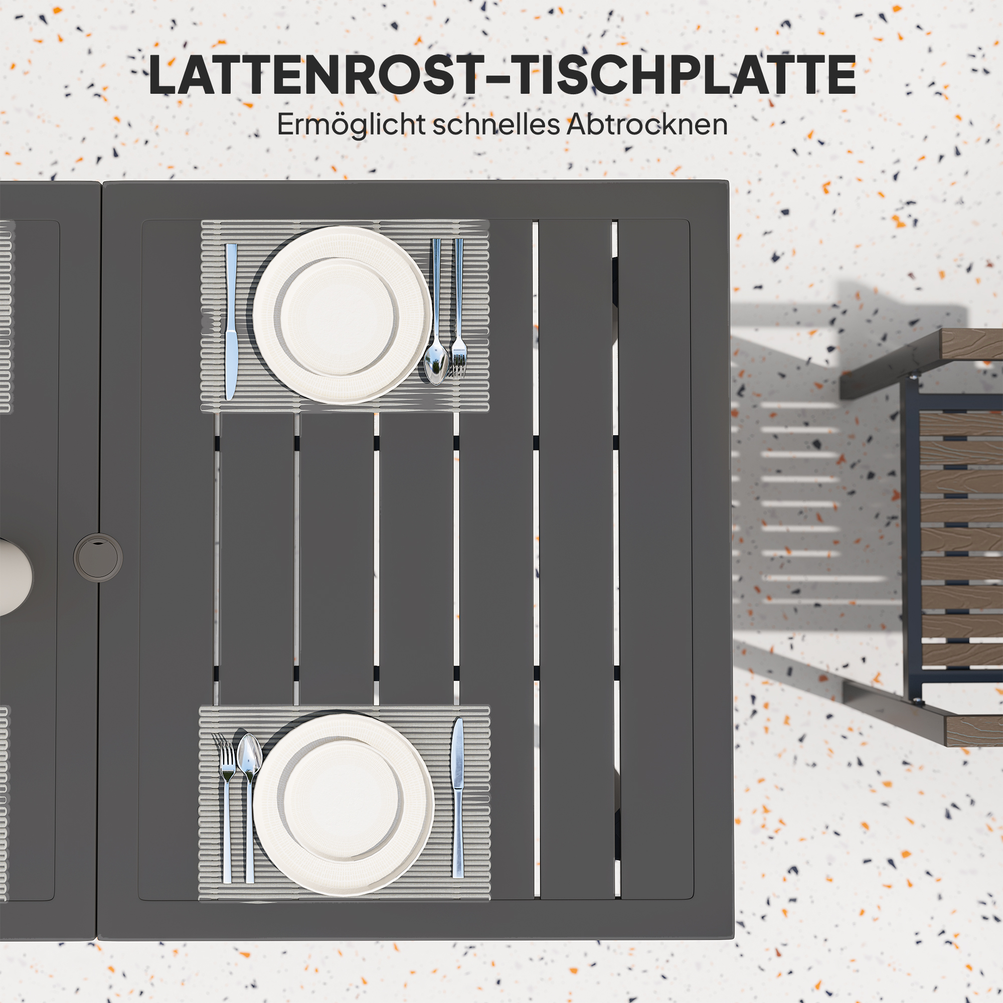 Gartentisch 150x90cm, Wetterfest Balkontisch aus Stahl, Balkontisch mit Schirmloch Schwarz