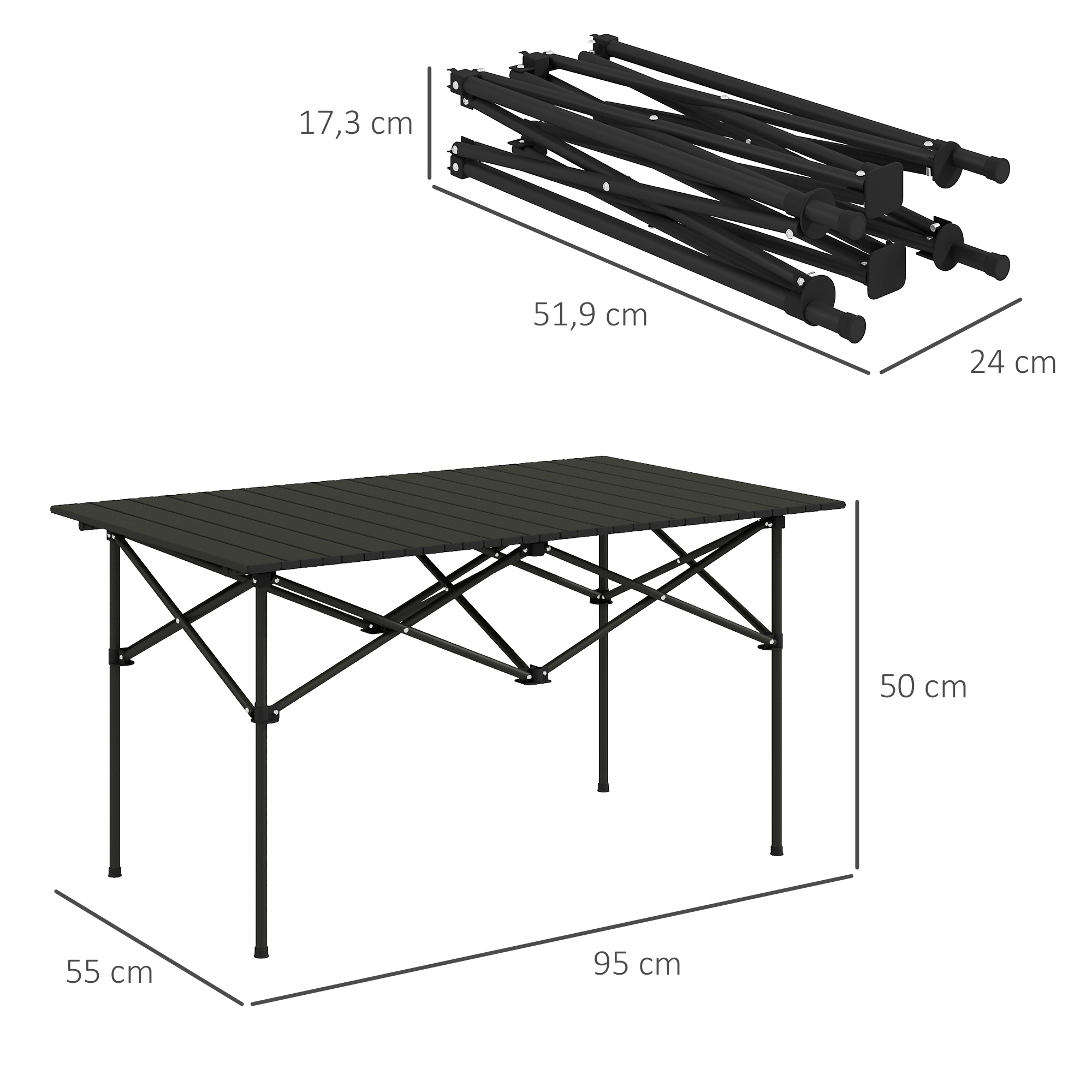 Campingtisch Klapptisch mit Aufrollbare Tischplatte Gartentisch aus Aluminium 2 Personen 95 x 55cm Schwarz