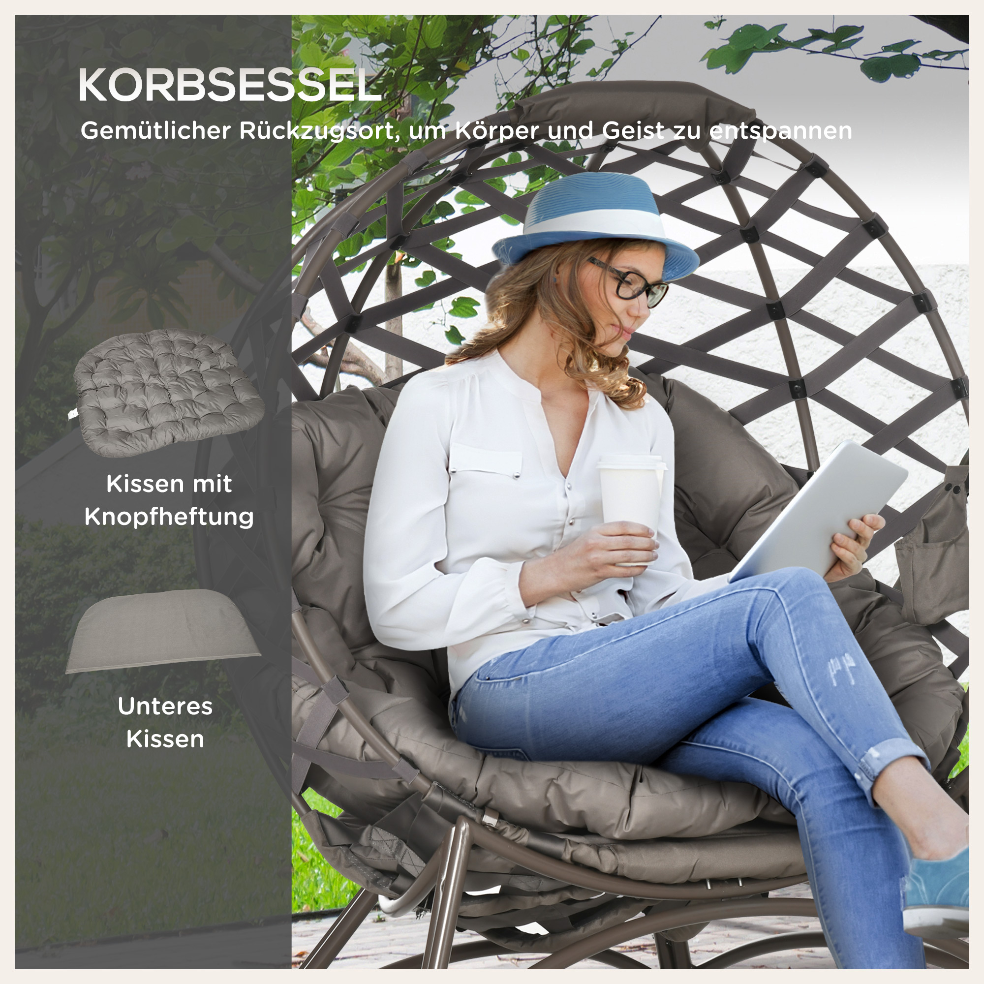 Gartenstuhl-Set, 2-tlg,, Hocker/Beistelltisch, gr, Sitzkissen, Stahlrahmen, Farbe: Sand, 118 x 75 x 142 cm