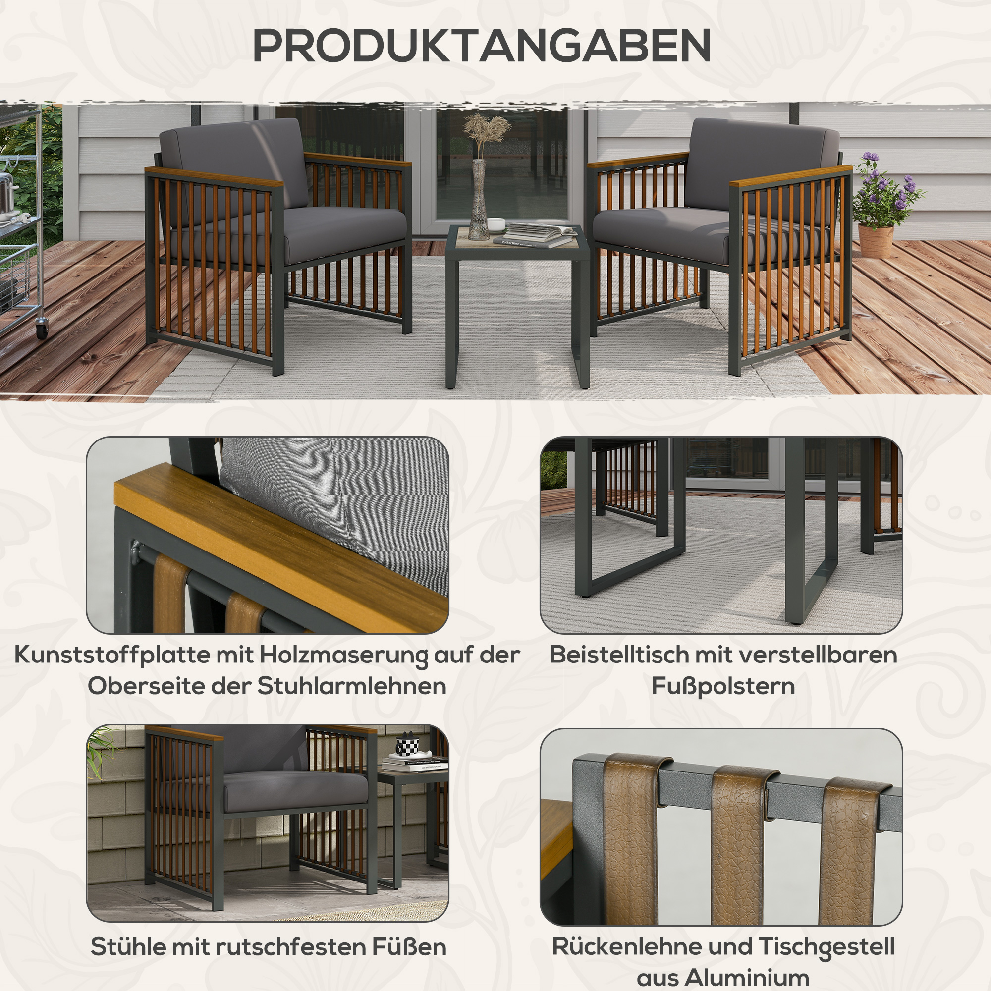 Gartengarnitur, 3-teilig, inkl, Sitzkissen, Holzdekor, rostfreier Metallrahmen, Grau