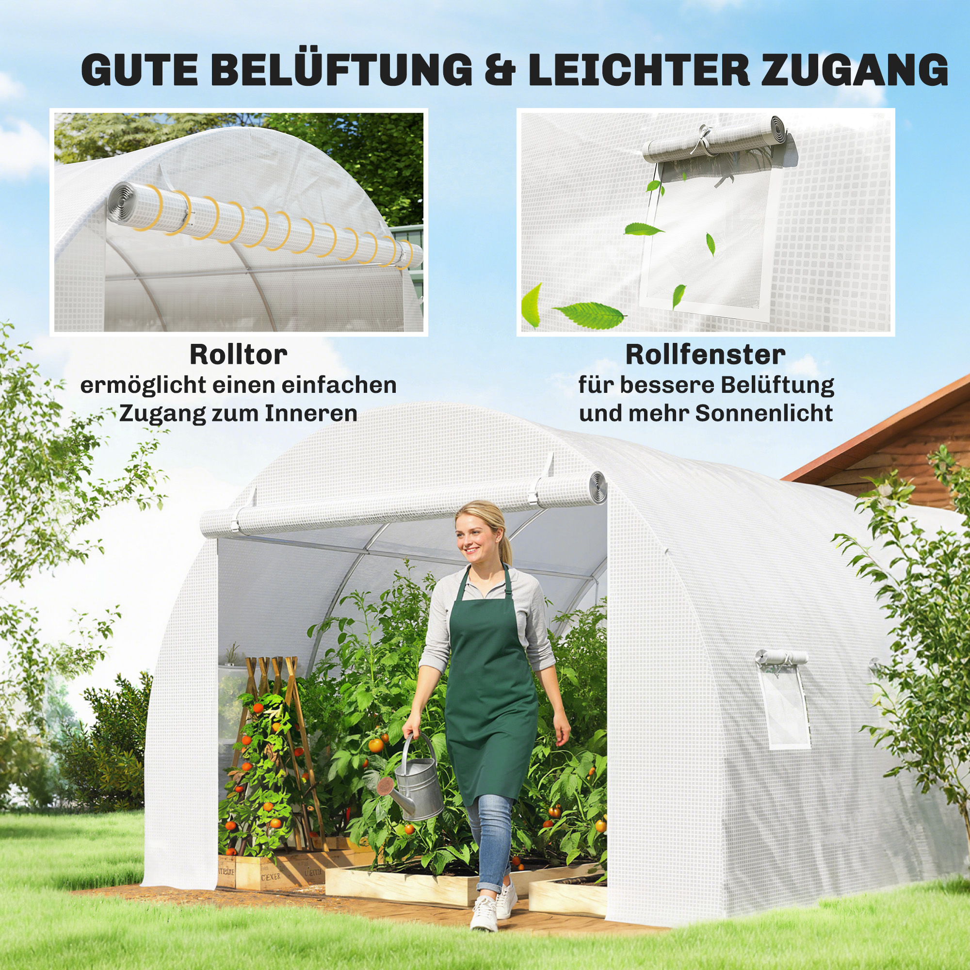 Gewächshausfolie 3 x 3 m, wasserdicht Polyethylenfolie mit Rolltür, 6 Fenster, UV Schutz Weiß