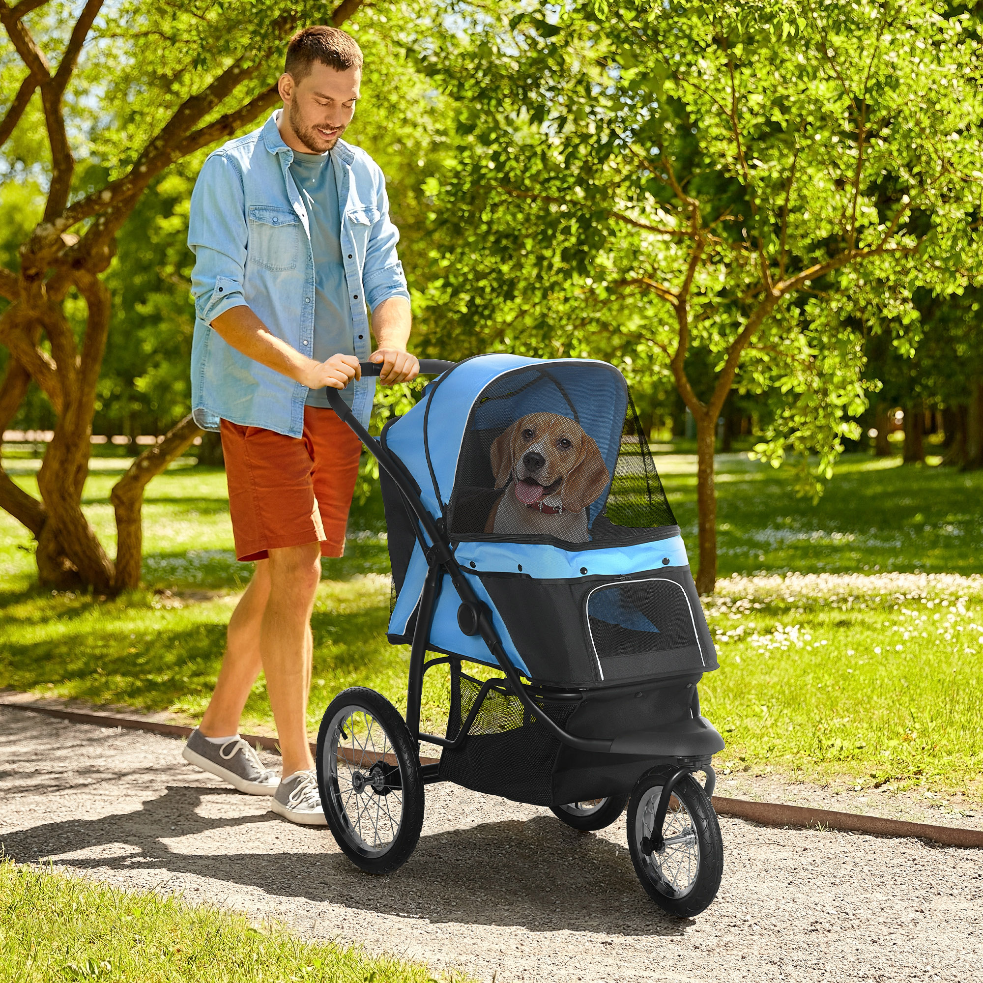 Hundewagen Hundetrolley mit Jogger-Funktion bis 20 kg Klappbar Netzfenster, Ablagekorb, Blau, 111 x 58 x 107 cm