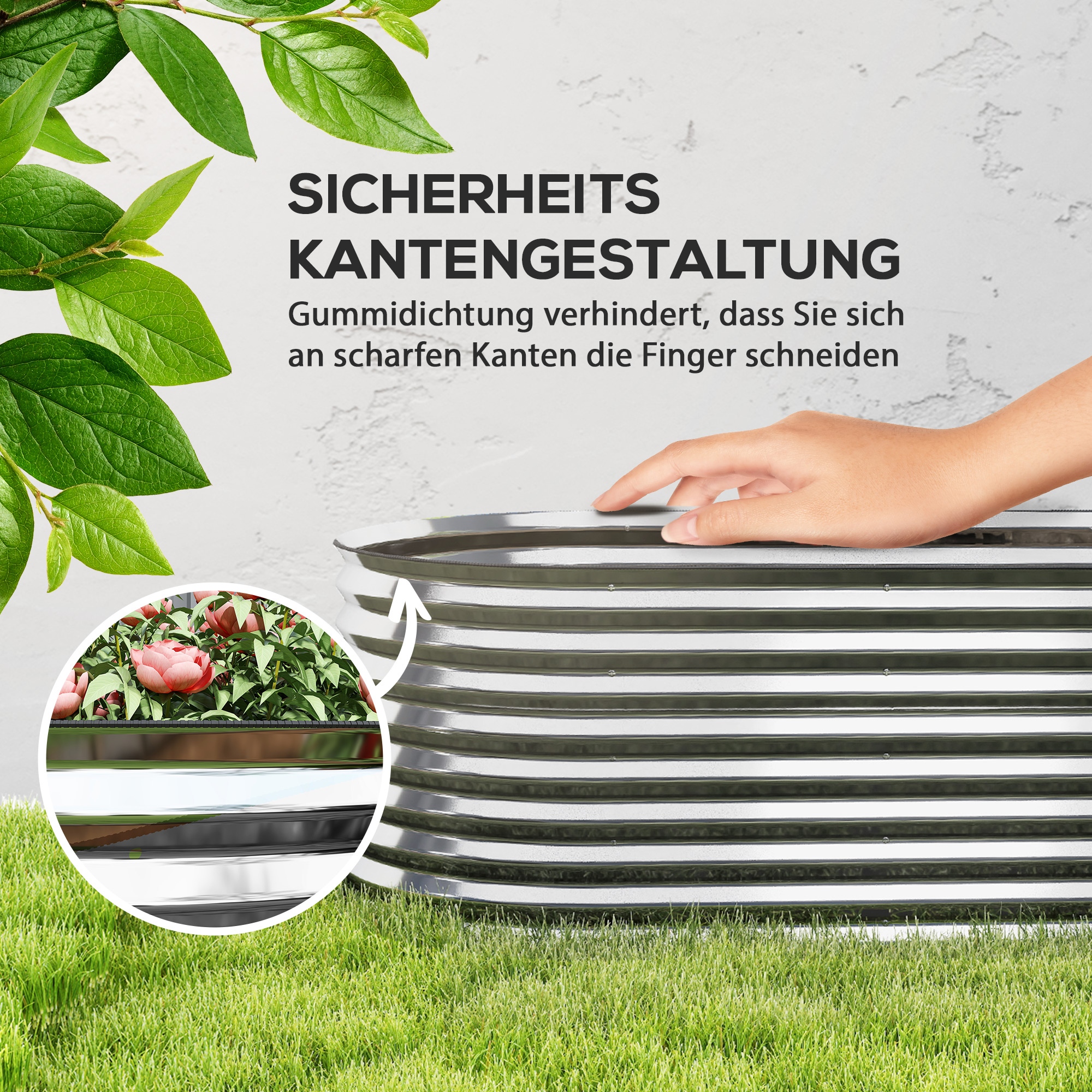 Pflanzkübel, Metall-Blumenkübel mit Sicherheitskante und Handschuhen, offener Boden, 160B x 80T x 56H cm, Grau