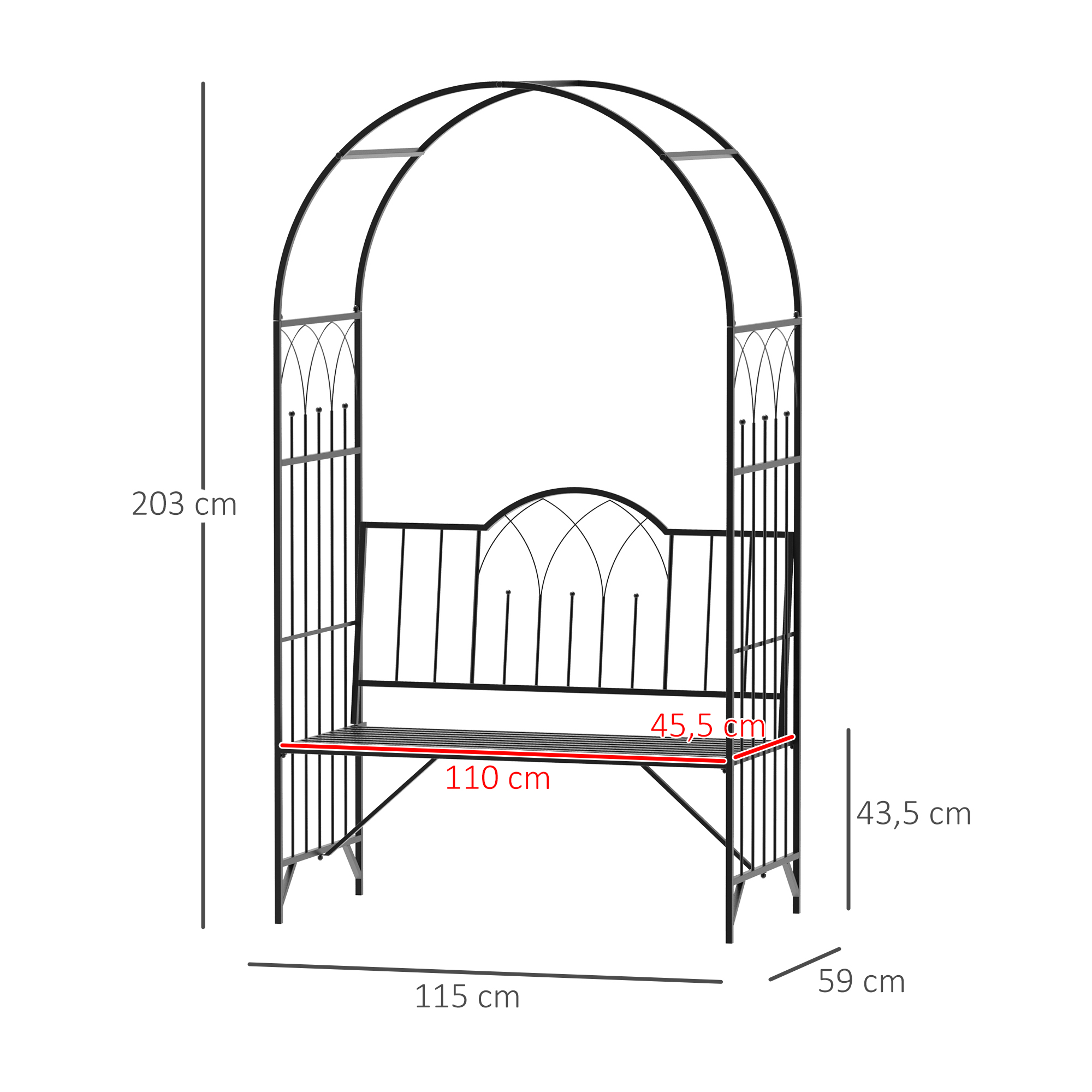 Rosenbogen mit Bank Rosenbank Laubenbank Philosophenbank Rankgitter Rankhilfe Gartenbank Metall Schwarz 115 x 59 x 203 cm
