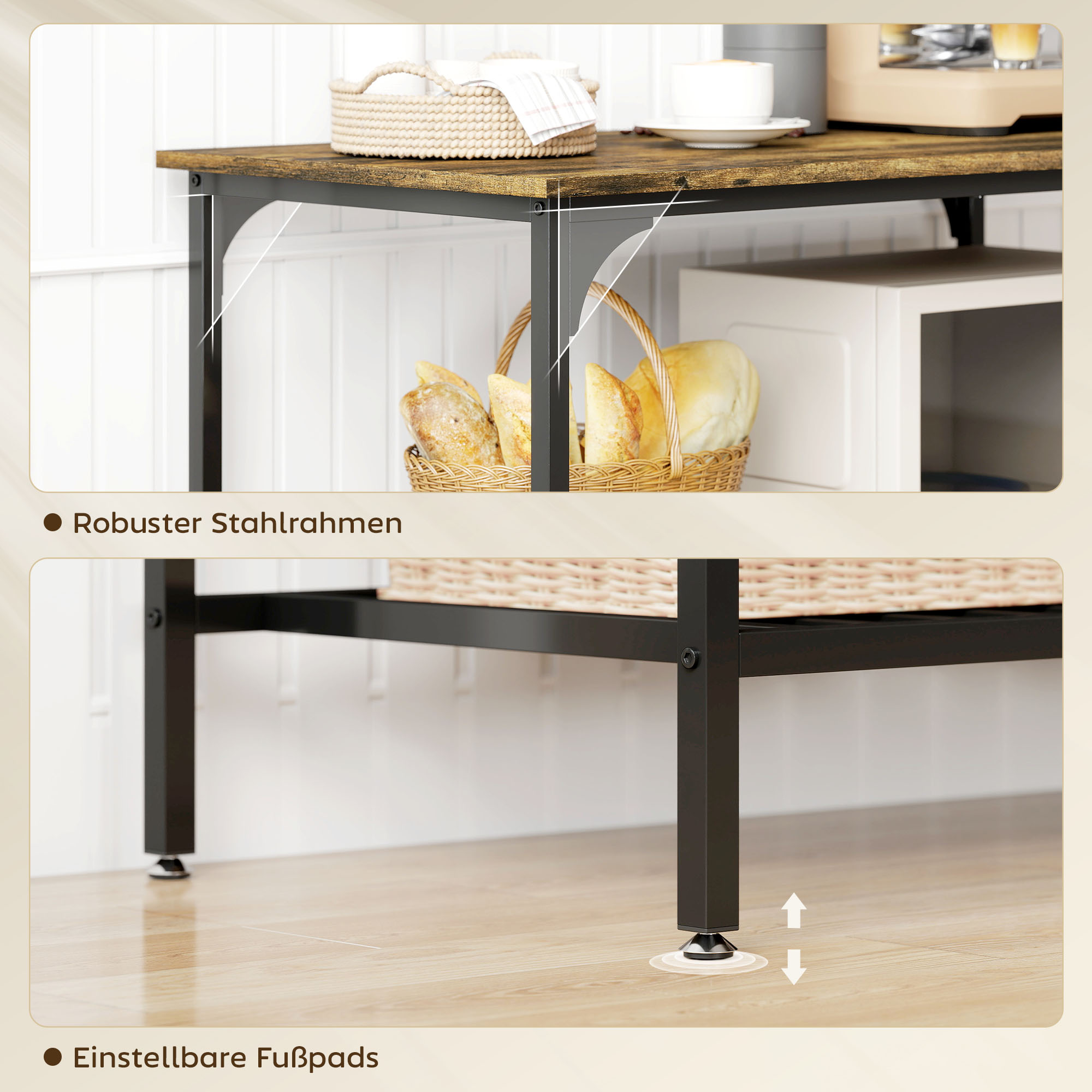 Bäckerregal, 3-stufiges Küchenregal mit Stahlrahmen, Rustikales Braun+Schwarz