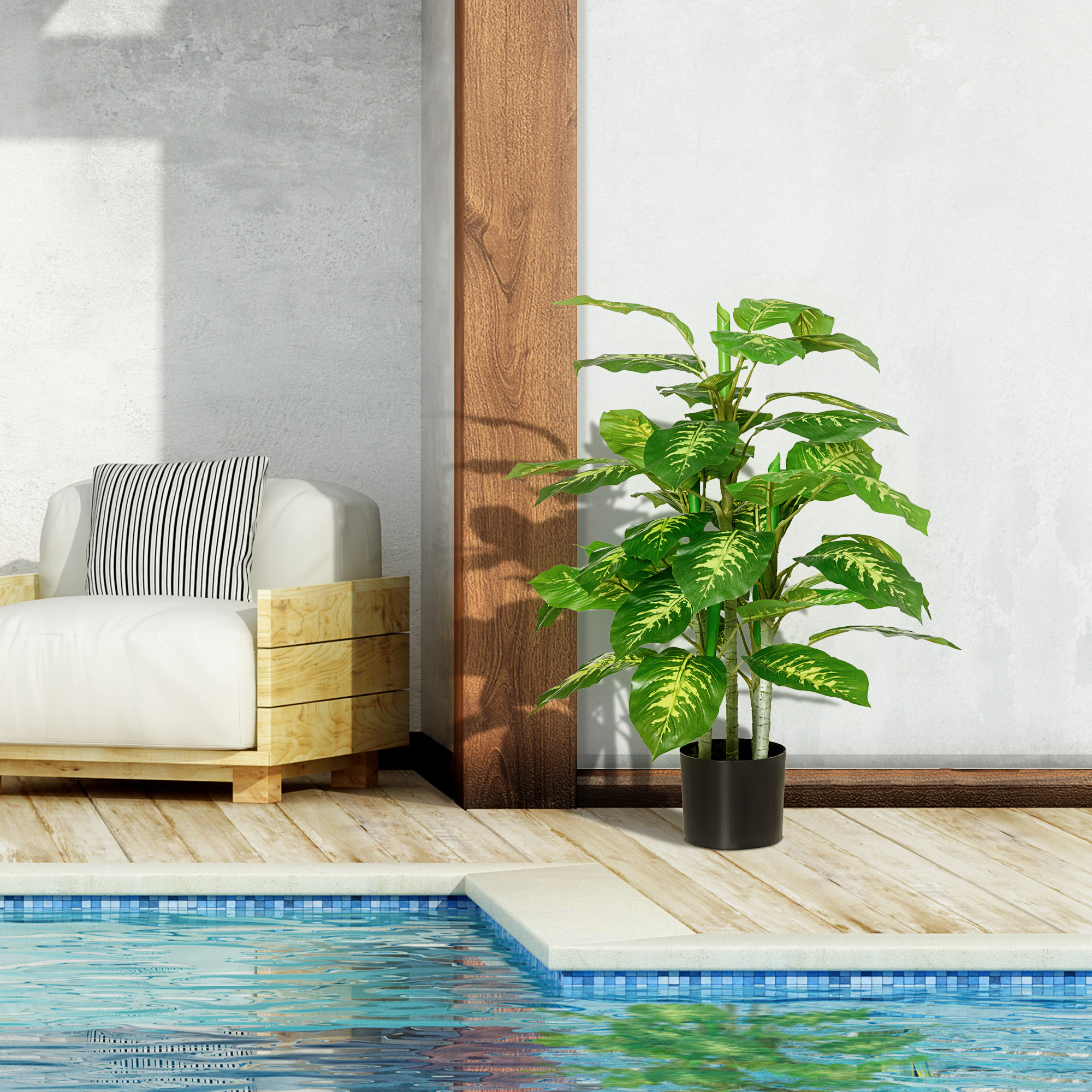 Kunstpflanze, Kunststoff-Pflanze, Zementtopf, Indoor und Outdoor, 95 cm, Grün