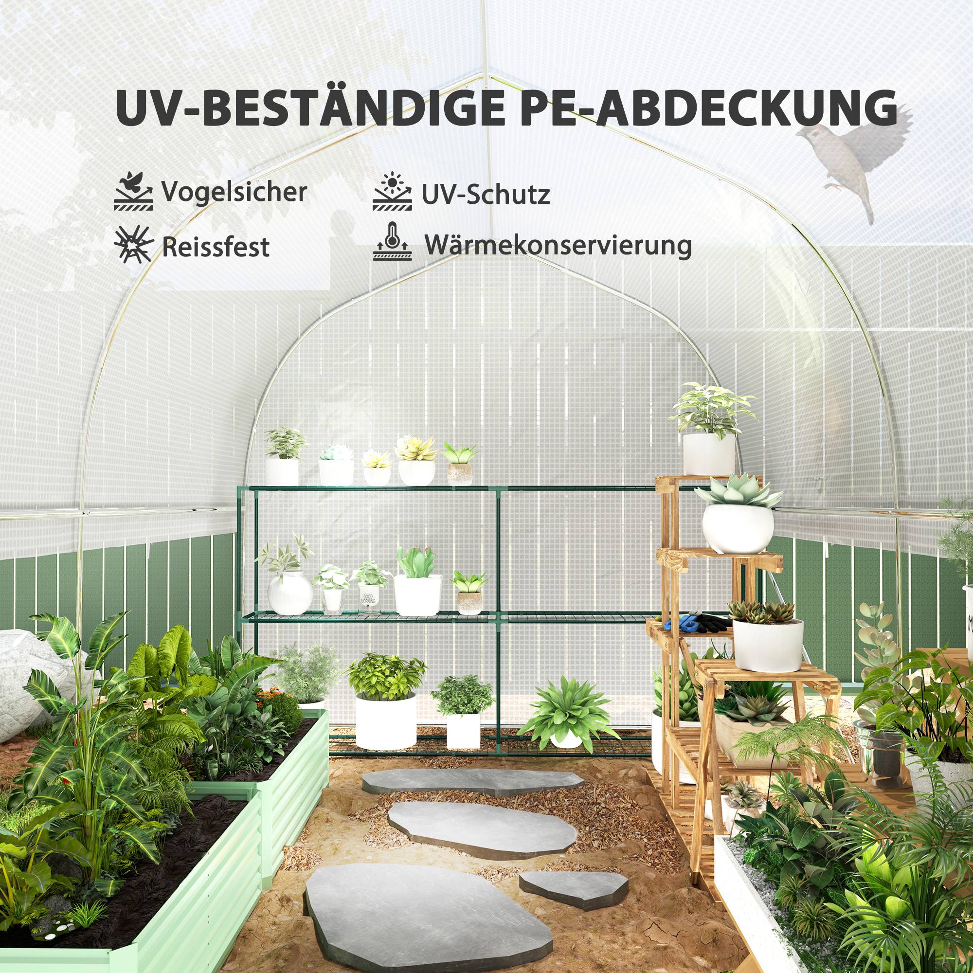 3 x 2 x 2 m Polytunnel-Gewächshaus mit aufrollbaren Seitenwänden, UV-beständiger Kunststoff-Plane und Stahlrahmen, Weiß