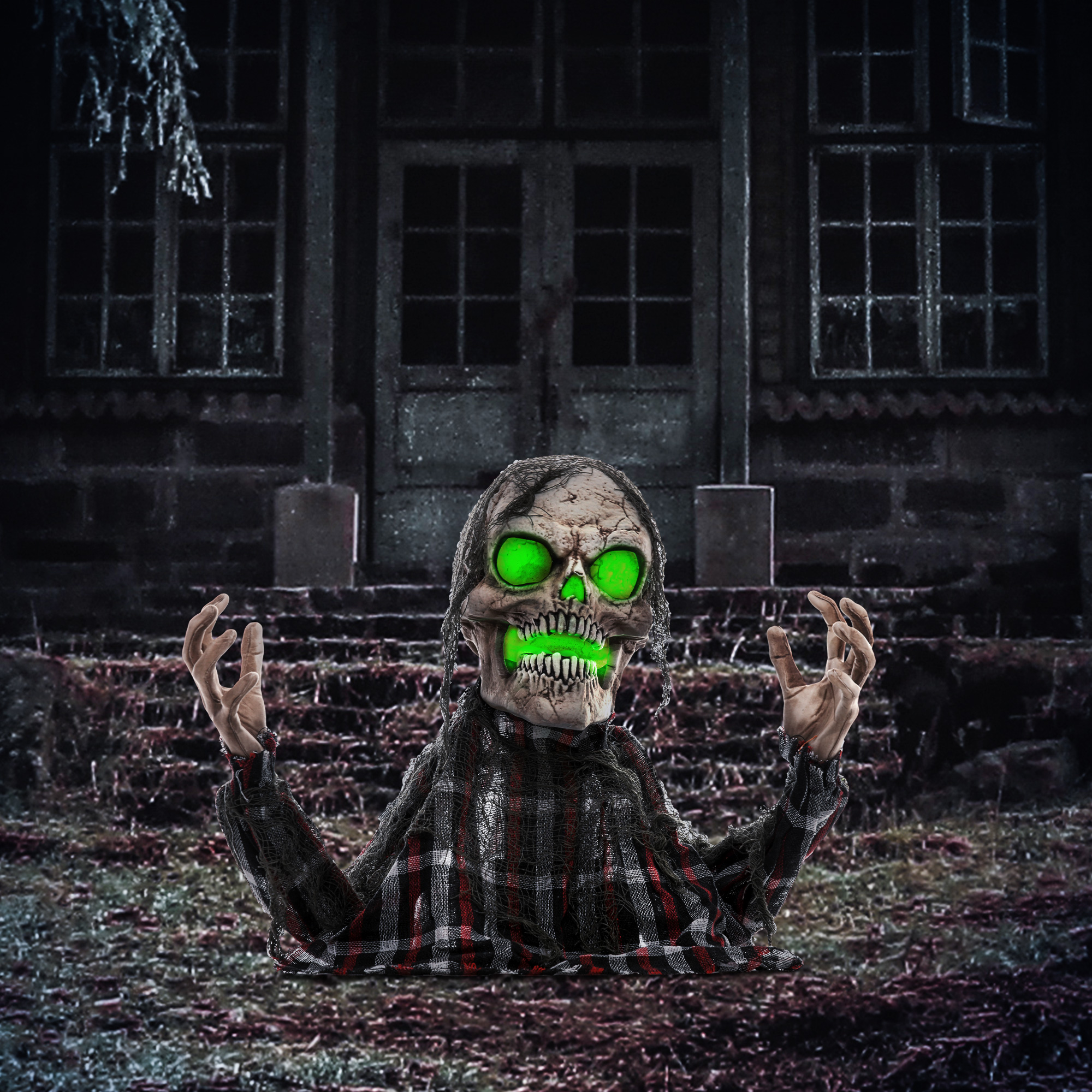Halloweendekoration Groundbreaker-Skelett, biegsame Arme, leuchtende Augen, unheimliches Heulen