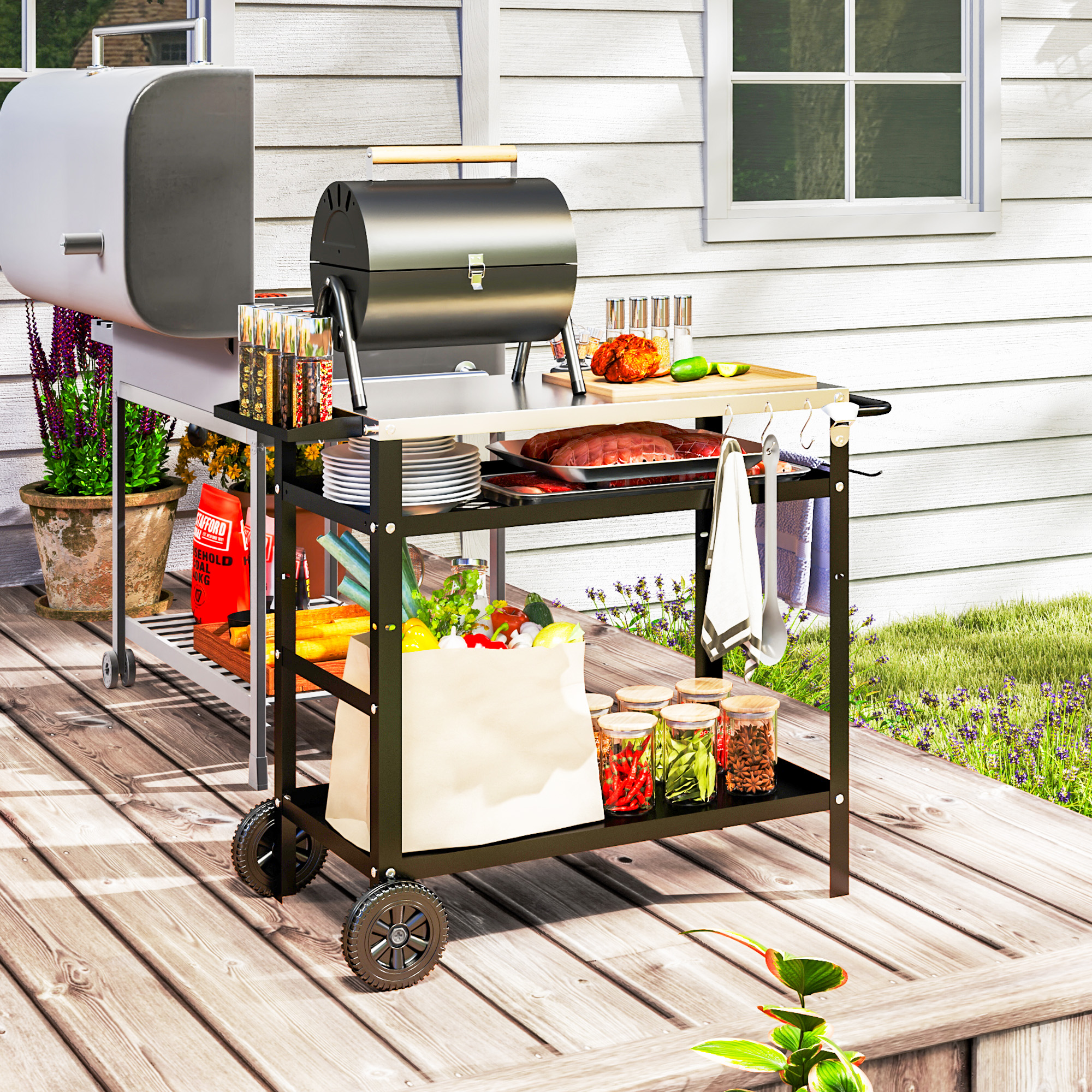 Grillwagen 3-Etagen Servierwagen mit Arbeitsfläche Griffe Hülle Räder, BBQ Grilltisch Edelstahl 100x52x80cm Schwarz