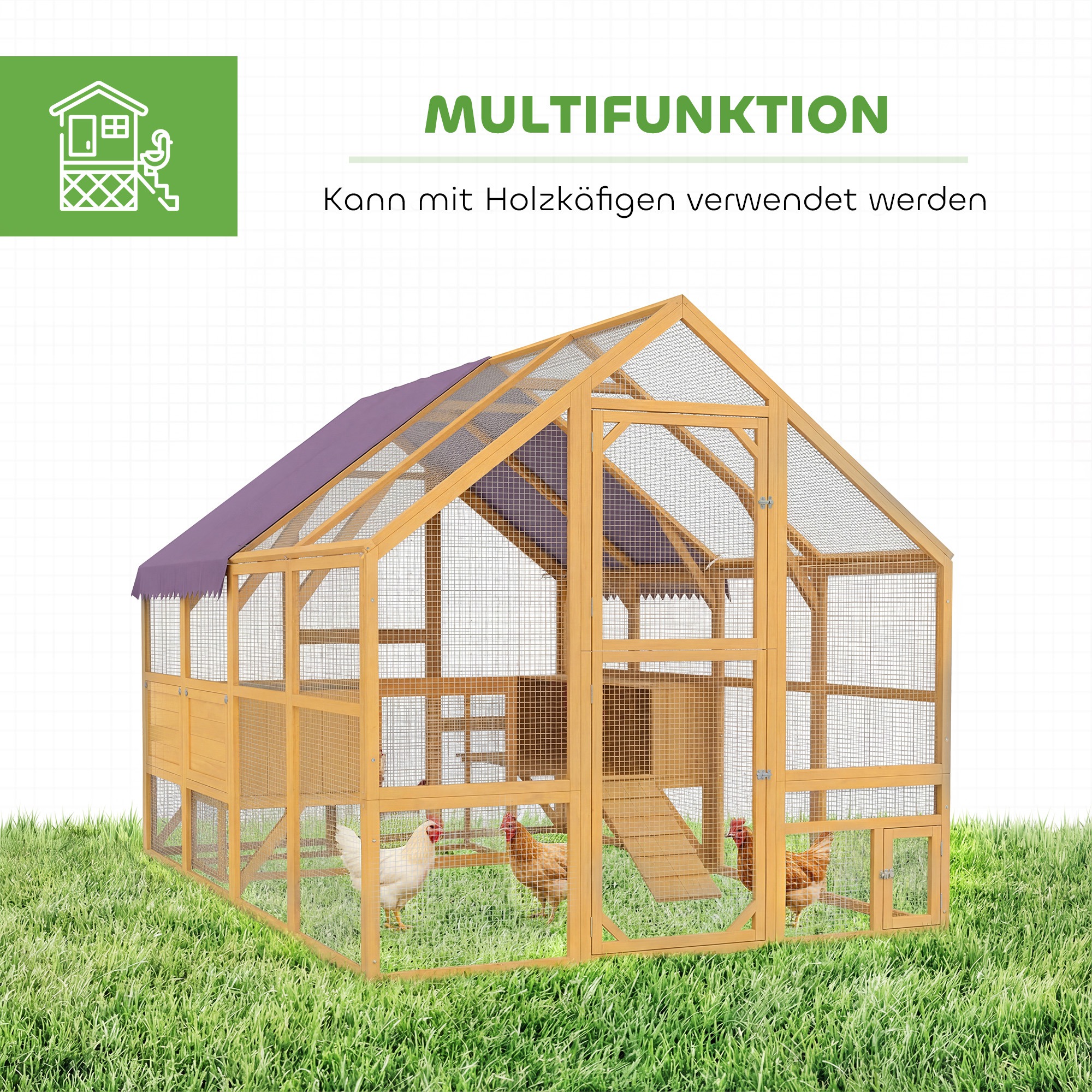 Hühnerstall Holz mit Freilauf, Sicherheitsschloss, Tür, 4 Nistkasten, für 8-12 Hühner, ca, 2,8 x 1,8 x 1,9 m, Gelb