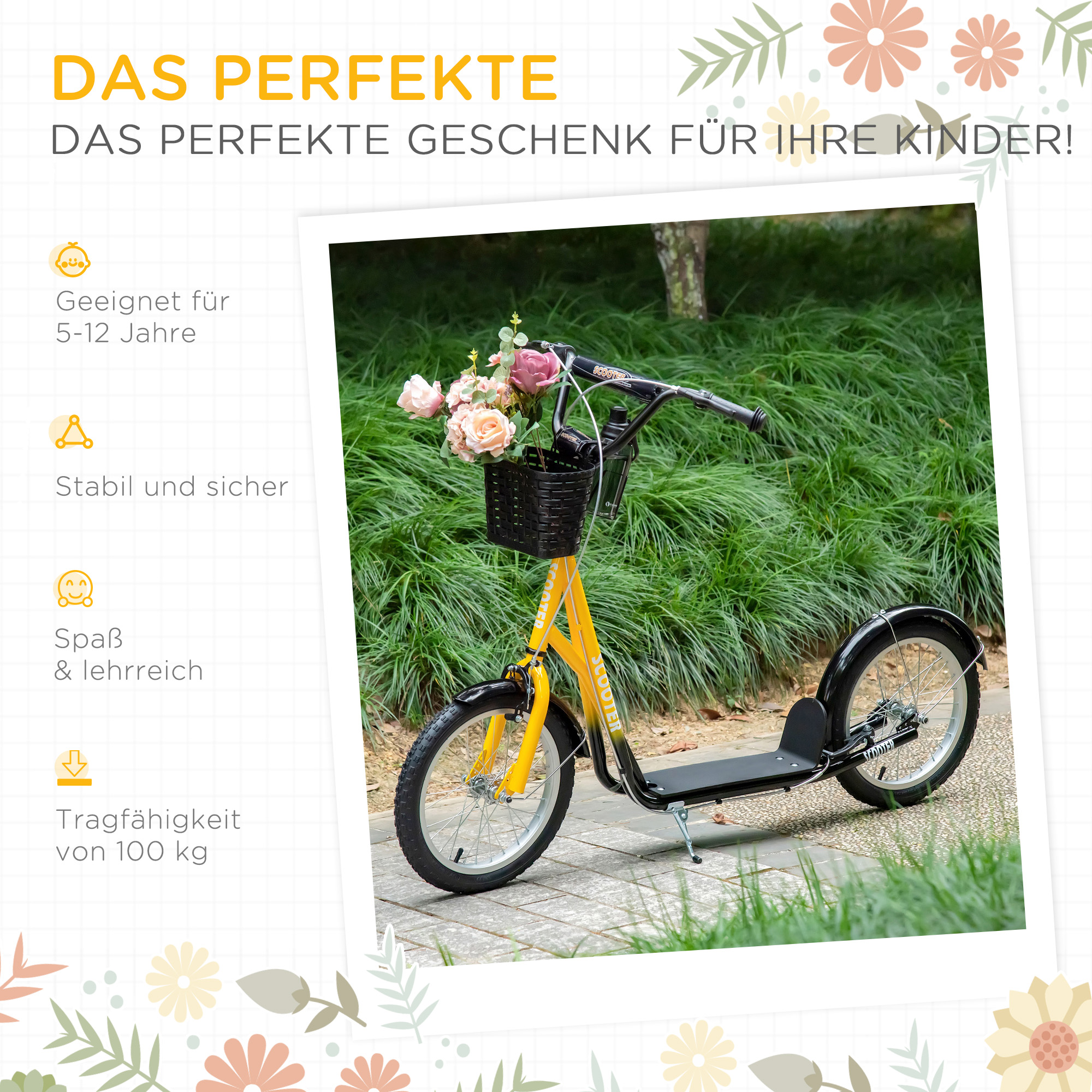 Kinder-Tretroller, höhenverstellbar, rutschfest, Stahlrahmen, abnehmbarer Korb, Bremsen, Gummireifen