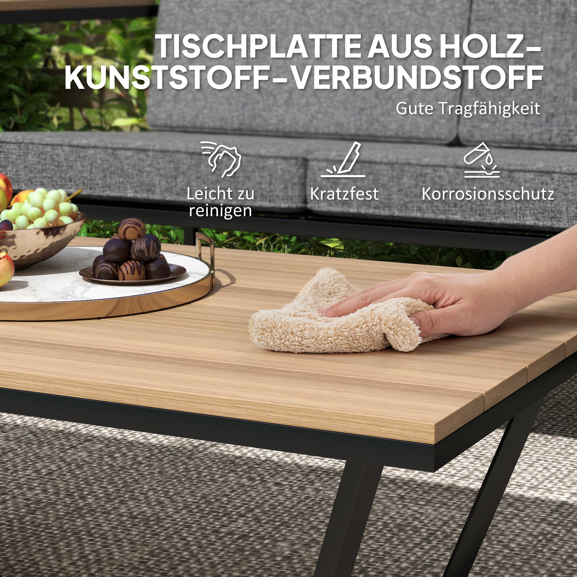 Gartenmöbel Set 4 Personen wetterfest Balkonmöbel-Set mit 2er Sofa, 2 Stühle Sitzkissen Beistelltisch Grau