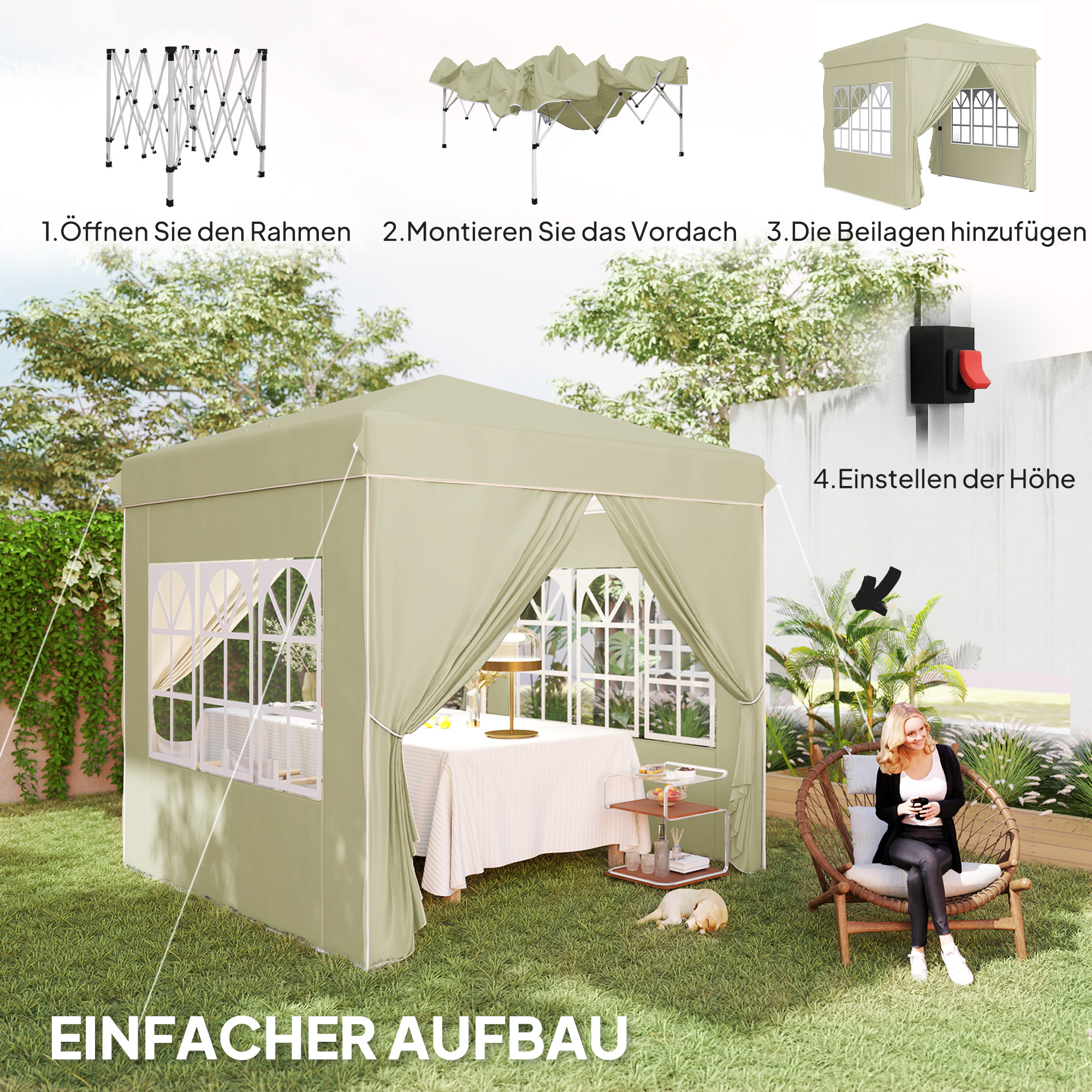 2,5 x 2,5 m Pop-up-Pavillon mit Seitenwänden und Tragetasche, UPF50+ höhenverstellbares Gartenzelt, Cremeweiß
