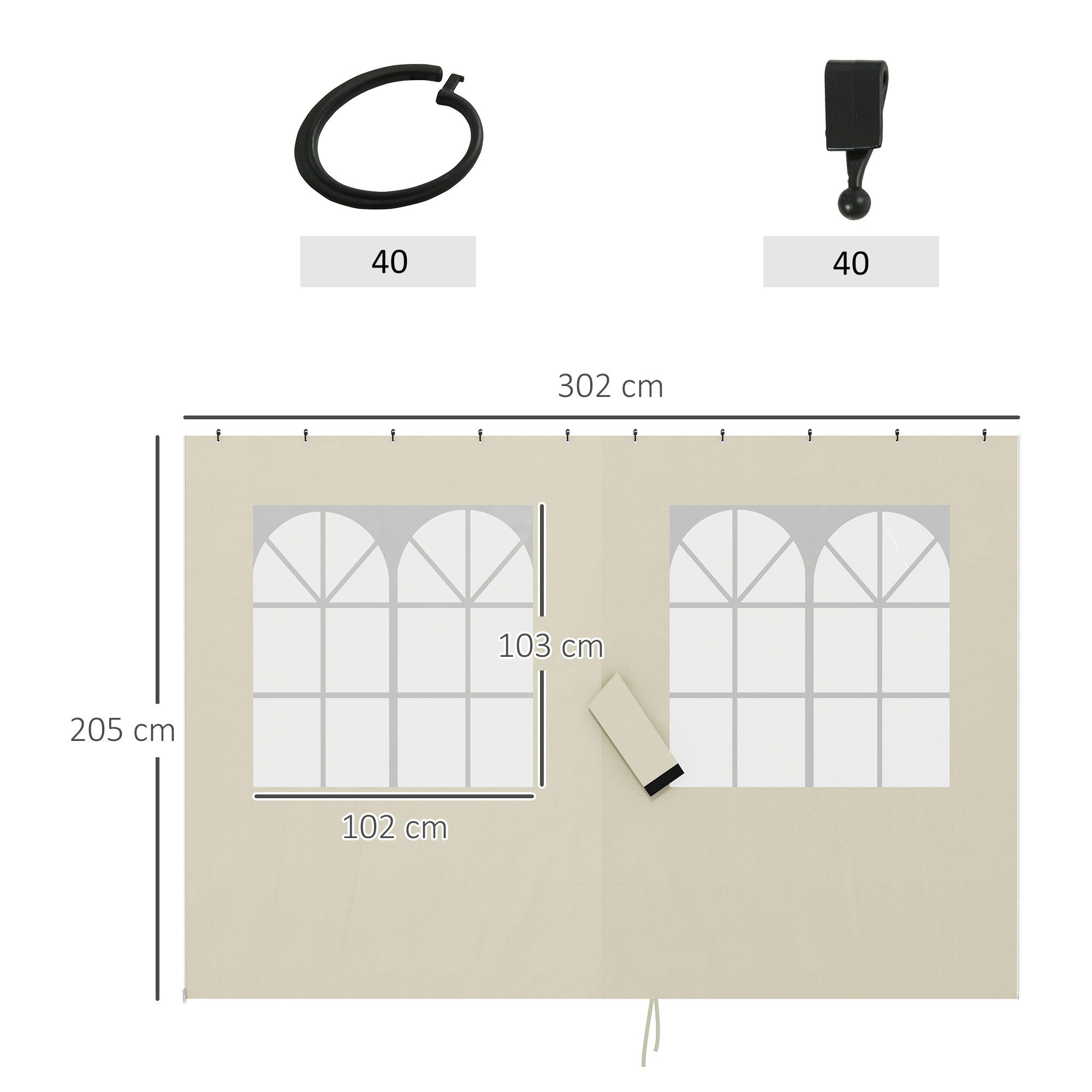Pavillon-Seitenwände, 4 Seitenwand-Paneele für Gartenpavillon, mit Reißverschluss, 3 x 4 m Pavillon, Cremeweiß