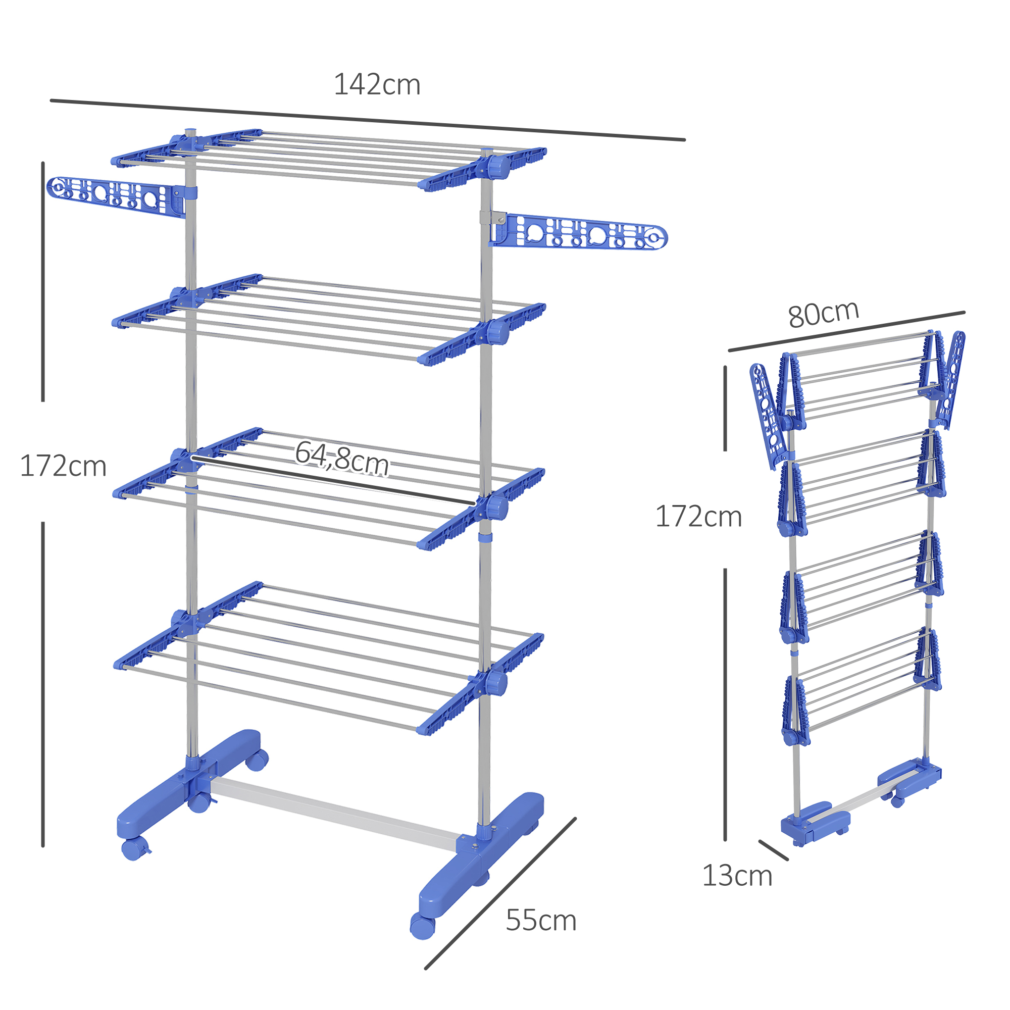 Wäschenständer Wäschetrockner 5 Ebenen, klappbar, One-Klick-System, 142 cm x 55 cm x1 72 cm, Blau + Silber