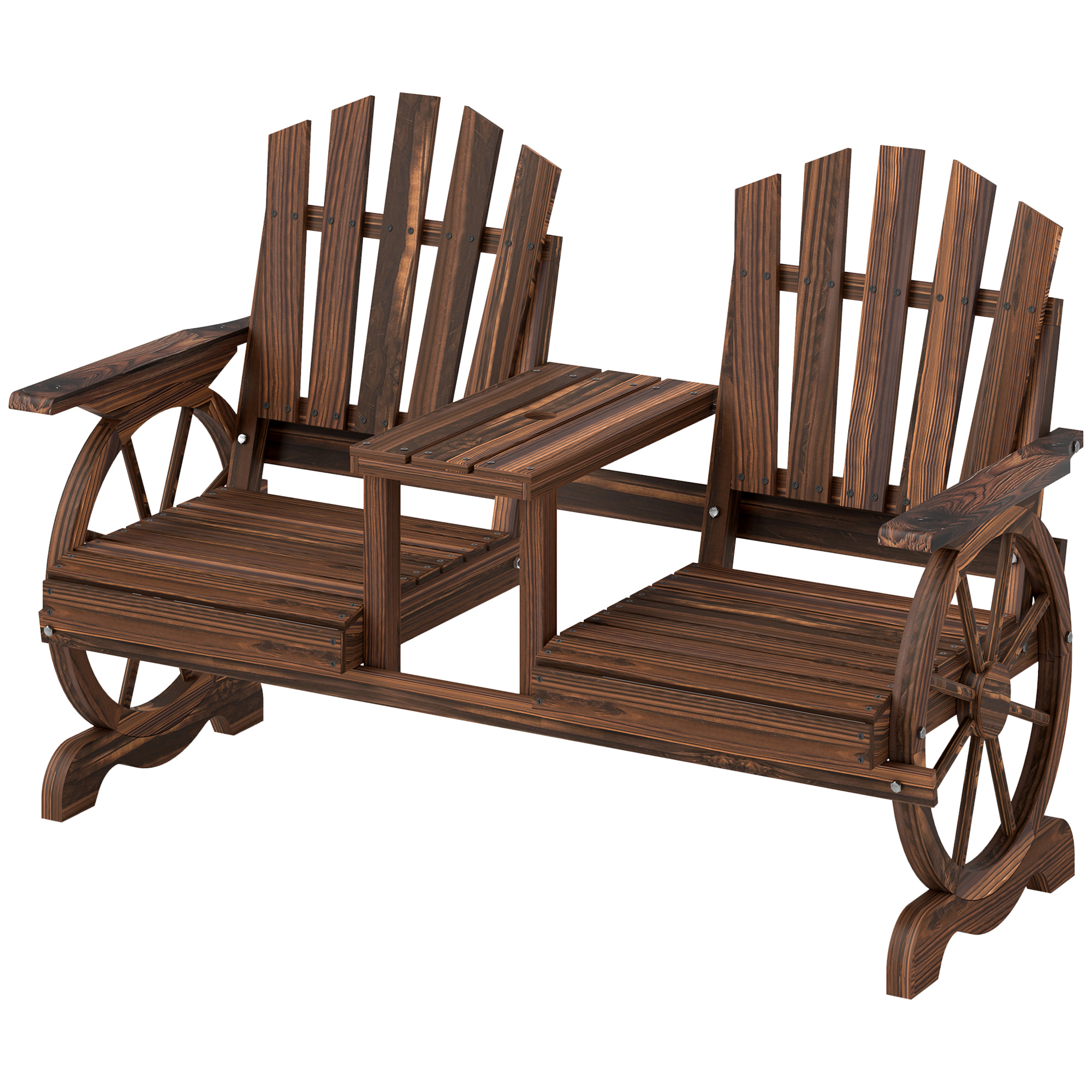 2-Sitzer Gartenbank Holz, wetterfest Sitzbank, mit Schirmloch, Beine im Wagenradform 154 x 65 x 102 cm Verkohlt