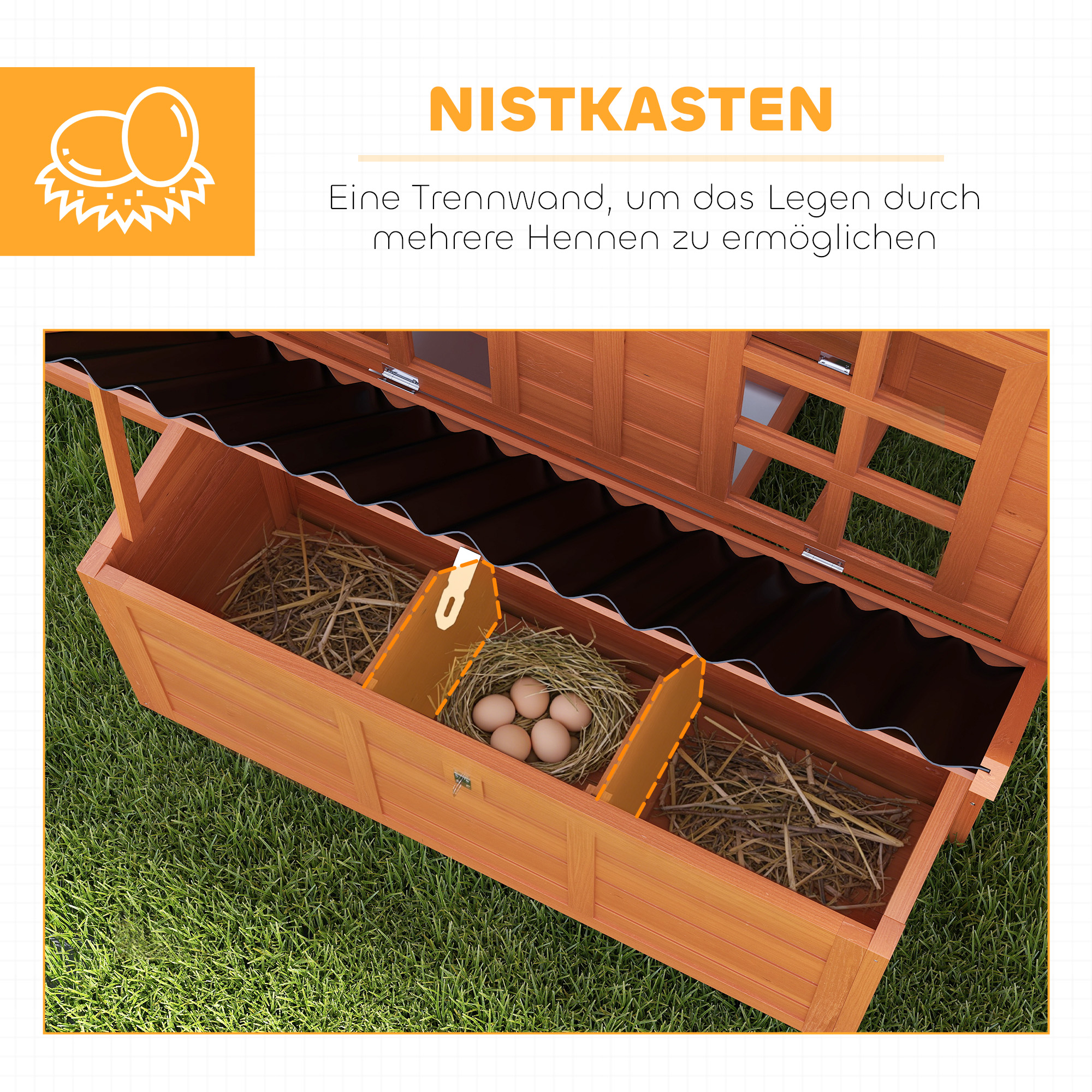 Hühnerstall mit Nestkasten für 3-4 Hühner, Wasserfestes Dach, Tannenholz, Kunststoff, 100 x 86 x 100 cm, Orange