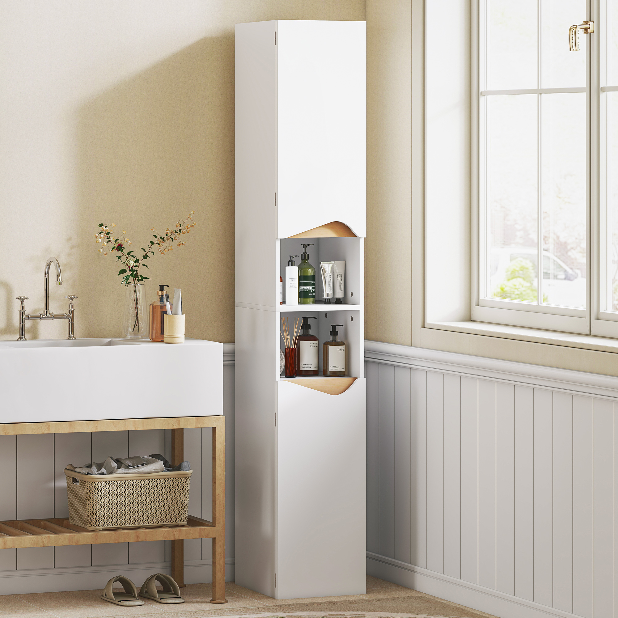 Badezimmerschrank Schmal Hochschrank mit 2 Türen, 2 Offenen Fächern, für Badezimmer 30 x 34,6 x 182 cm Weiß