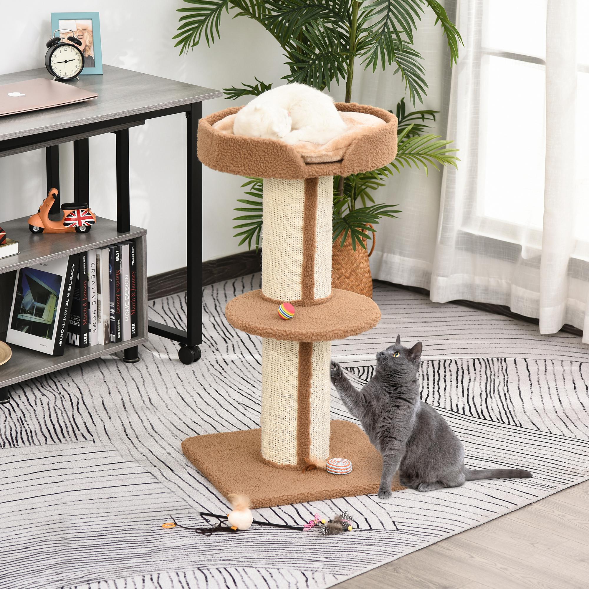 Kratzbaum 91 cm Katzenturm mit Sisalstämme, Plattform, Kissen mehrstöckiger Katzenkratzbaum, Kletterbaum, für mittelgroße Katzen, Hellbraun