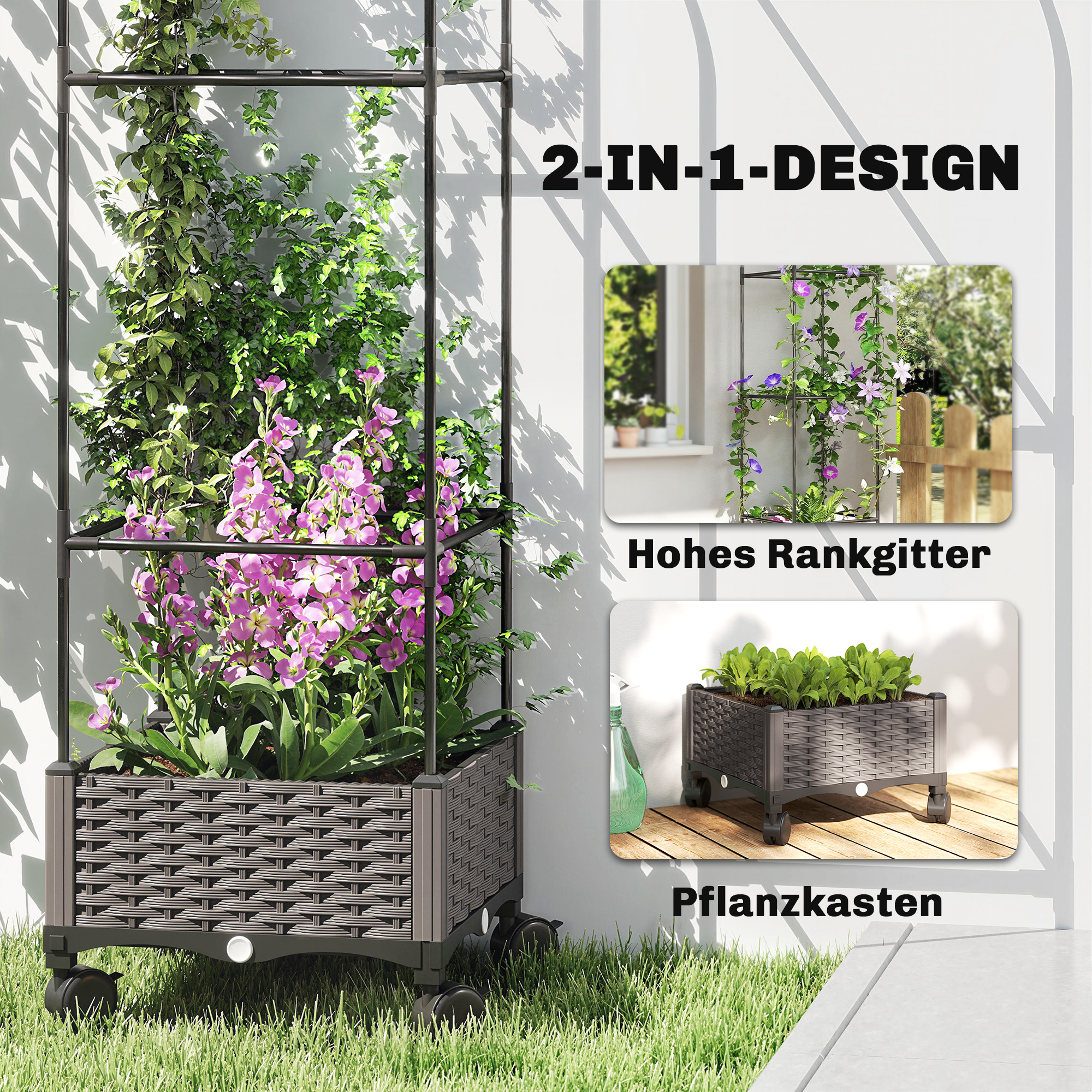 Hochbeet mit Rankgitter mobiler Blumenkasten mit Rolle Abflussloch, Pflanzkasten 40 x 40 x 185 cm