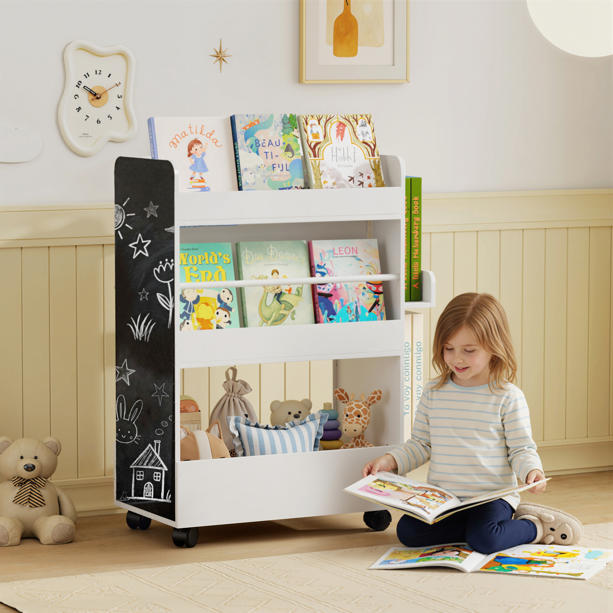 Kinder Bücherregal mit 4 Regalen, Bodenfach, 2 Seitenteile, Tafel, Rollen, für 3-8 Jahre, 66,5x32,5x86,5 cm Weiß