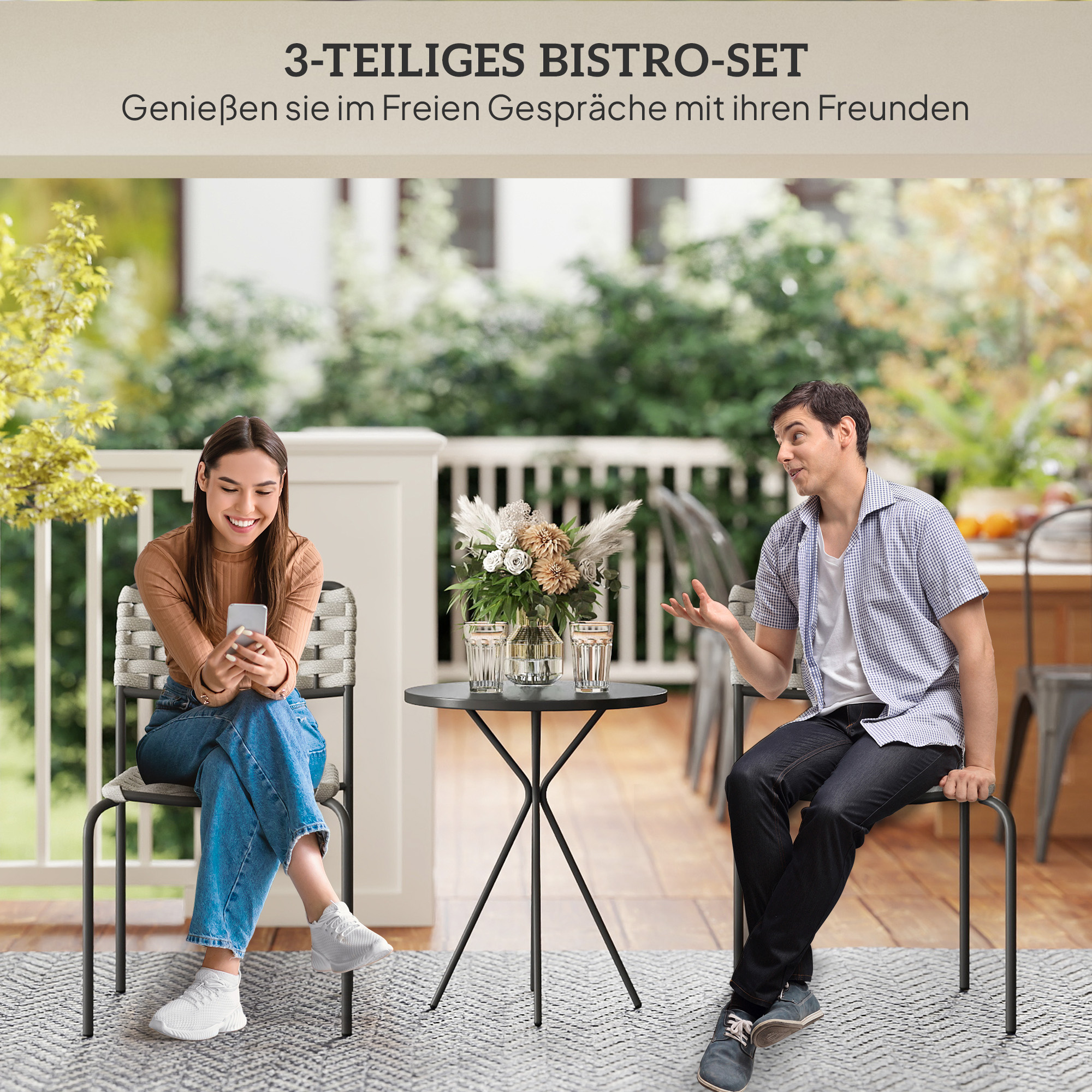 Polyrattan Gartenmöbel Set, Outdoor Lounge Balkonmöbel für 2 Personen, 3-teilig 2 Stühle, Tisch Grau