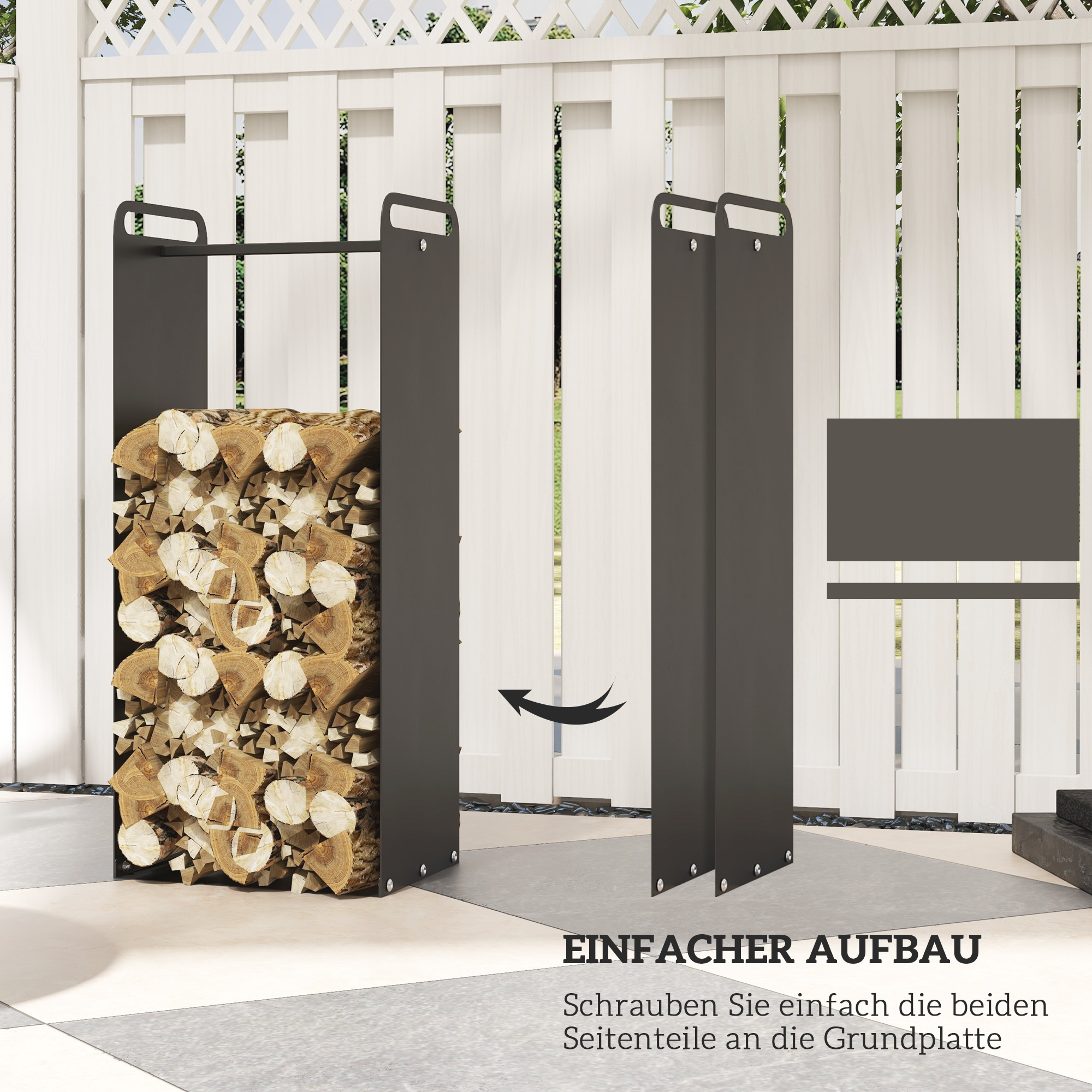 Feuerholzgestell, 2 Tragegriffe, Stahlrahmen, bis 30kg, 37x30x90cm, Schwarz