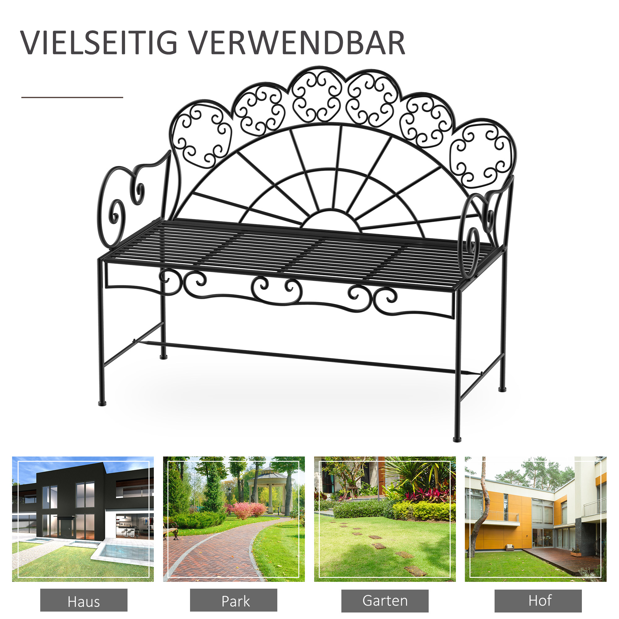 2-Sitzer Gartenbank robust, Parkbank rostfrei Sitzbank Bank Gartenmöbel für Terrasse, Garten und den generellen Außenbereich 107cm x 55,5cm x 90,5cm, Schwarz
