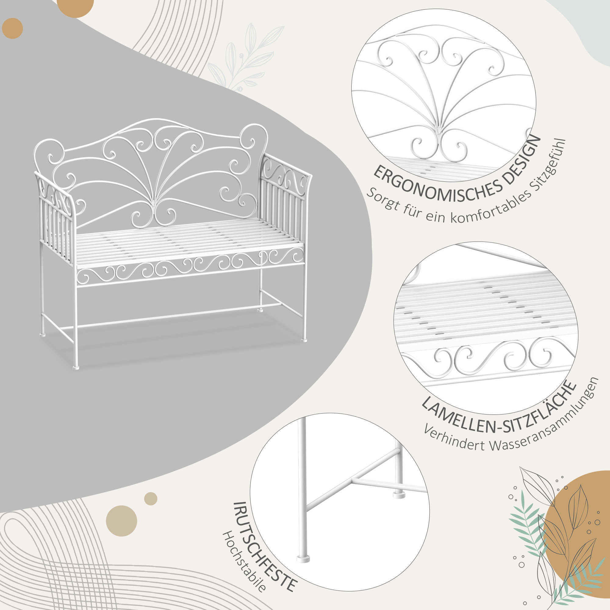 2-Sitzer Gartenbank robust, Parkbank rostfrei Sitzbank Bank Gartenmöbel 111 x 50 x 98cm, Weiß