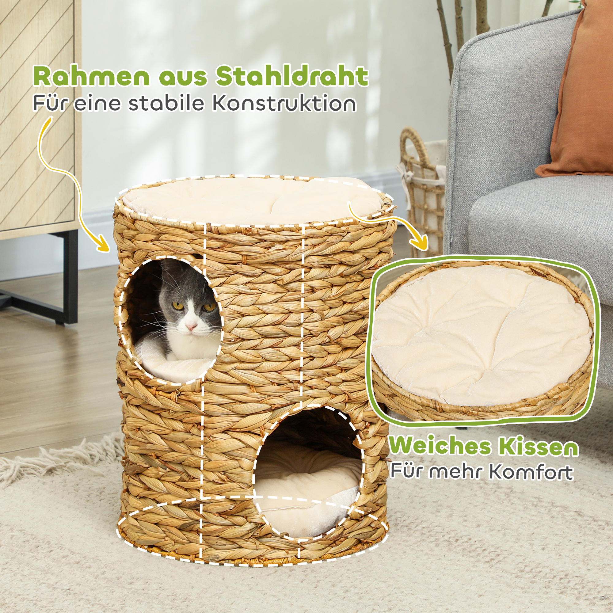 Kratztonne, 50 cm, 2 Höhlen, Kissen, Kratzbaum mit Katzenbett, Katzenturm aus Wasserhyazinthe, Hellbraun