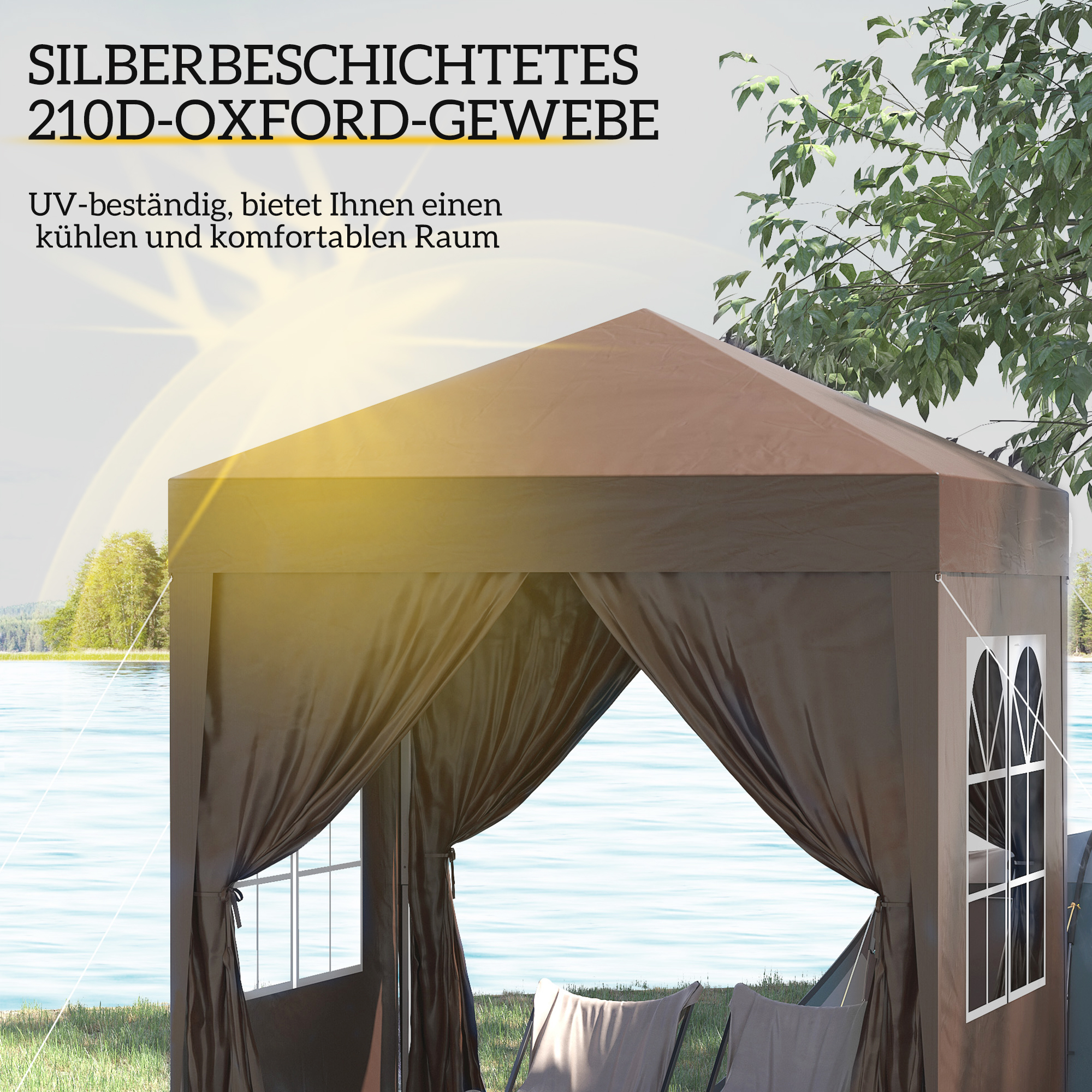 Faltpavillon, Bierzelt, 4 abnehmbare Seitenwände, 2 Fenster, Metallrahmen, 2 x 2m, Braun