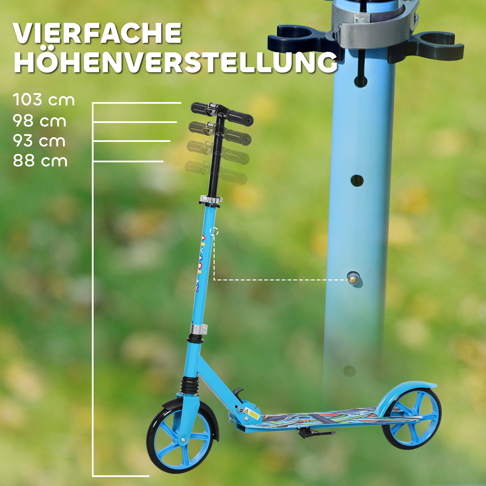 Tretroller, höhenverstellbar, Hinterradbremse, faltbar, 100 kg belastbar, Blau