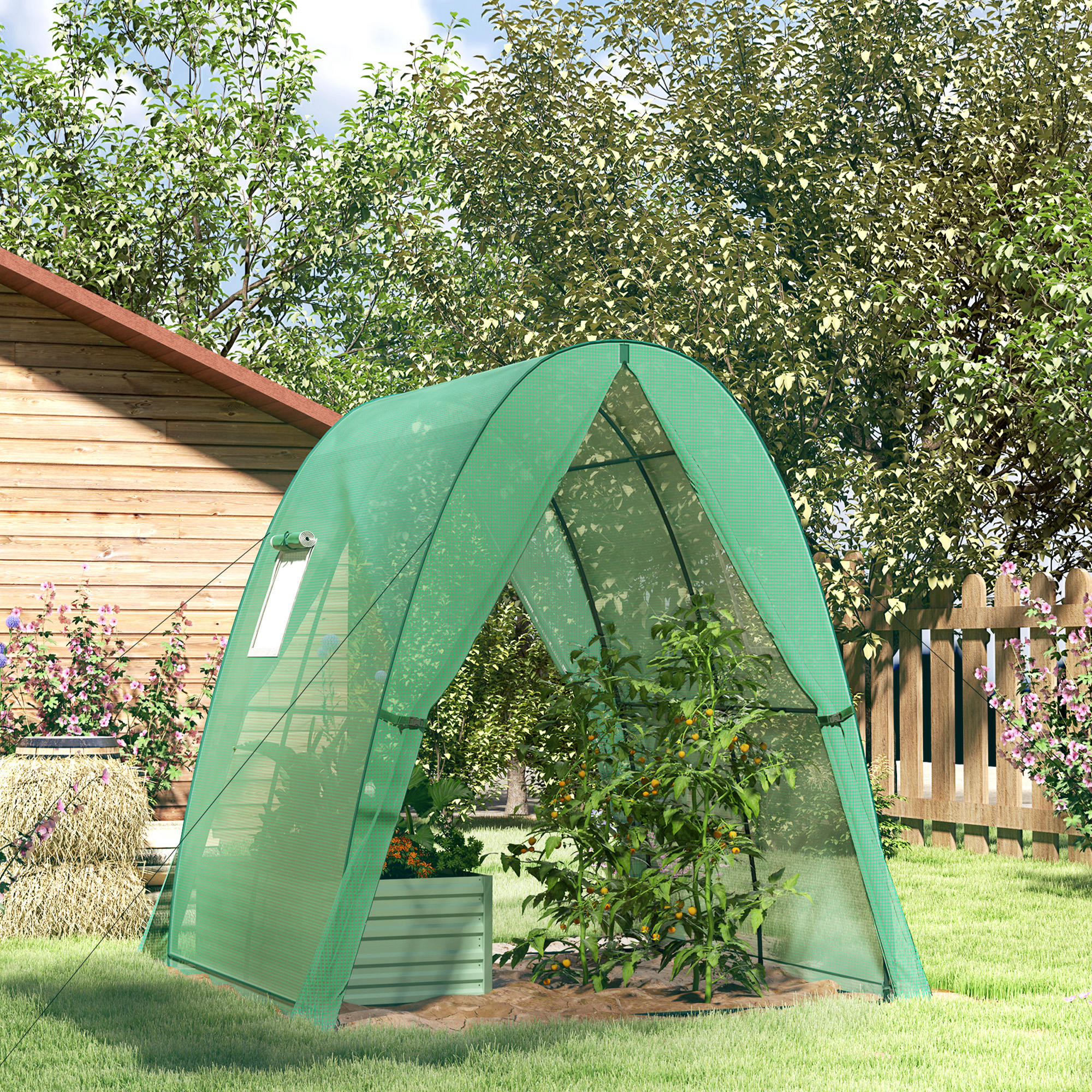 Bogen-Gewächshaus mit Sandsäcken und Kunststoff-Abdeckung, 2 Rolltüren, Netzfenster, tragbar, 1,8 x 1,8 x 2 m, Grün