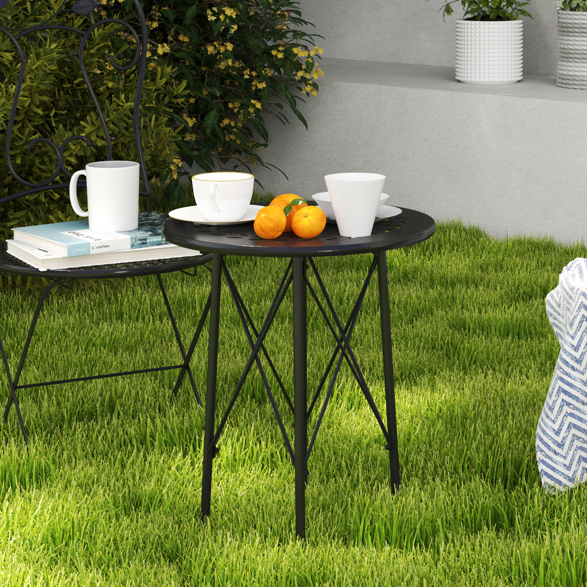 Gartentisch, runder Terrassentisch mit Blumenmuster, Stahl, Bistrotisch für drinnen und draußen, Schwarz