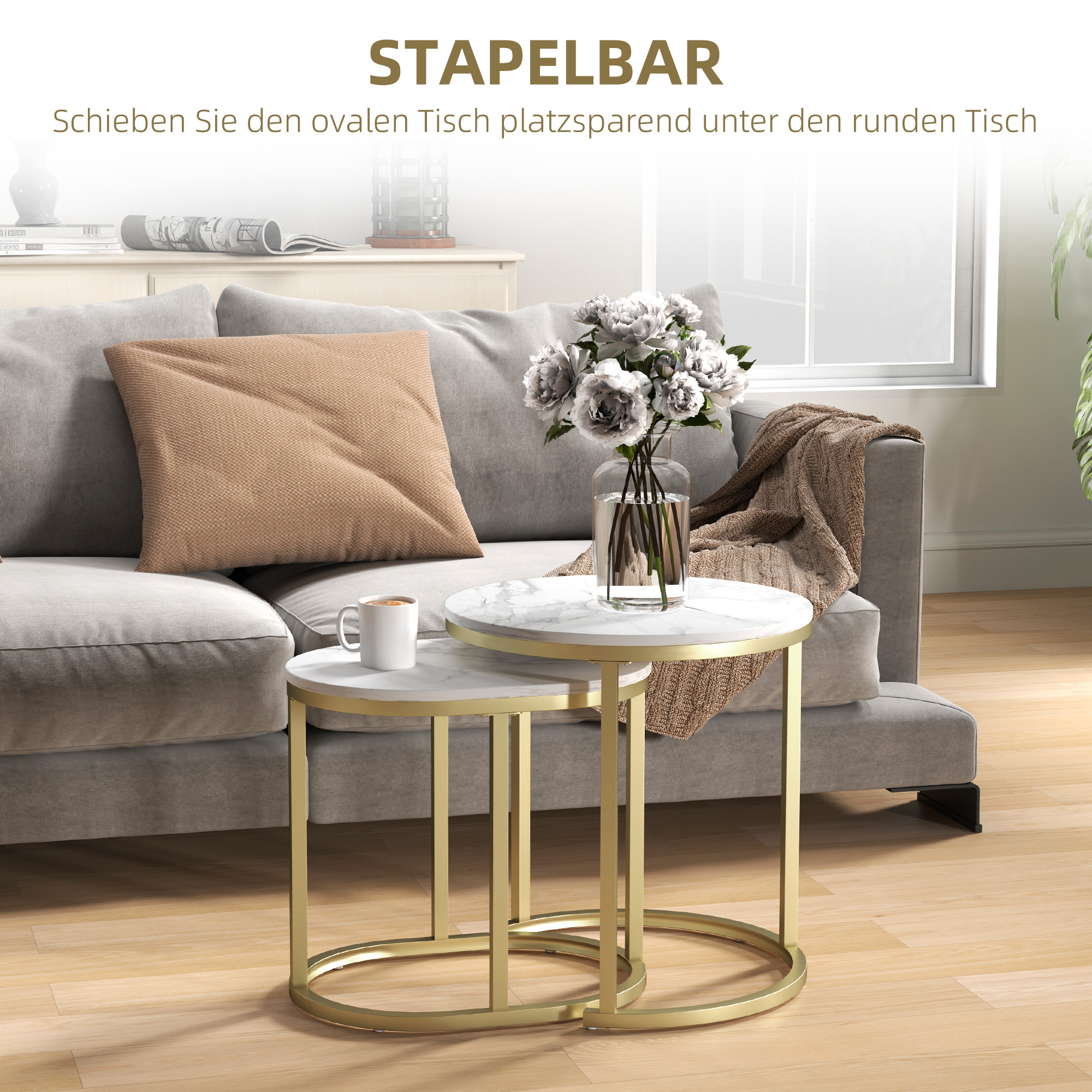 2er-Set Couchtisch, Ovaler und runder Kaffeetisch, stapelbar, Marmoroptik, Stahl, Ø50 x 50,5 cm, Weiß