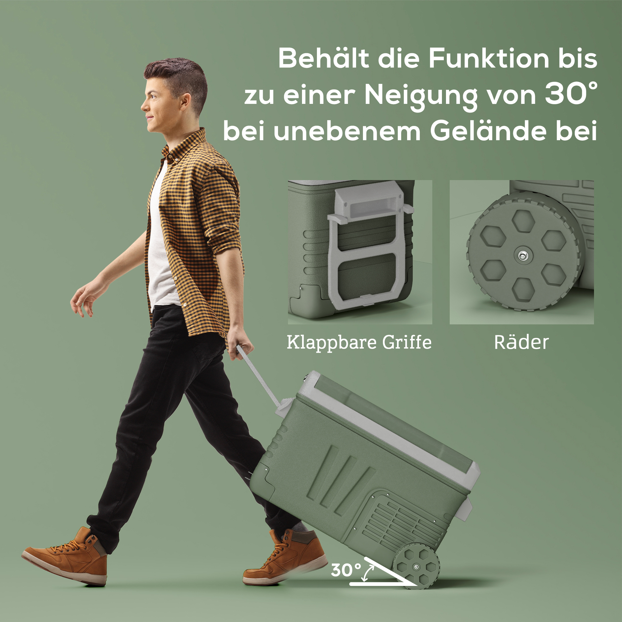 33 L Campingkühlschrank, Reisekühlbox, tragbarer Autokühlschrank mit 2 Fächern und Rädern, Kunststoff, Grün