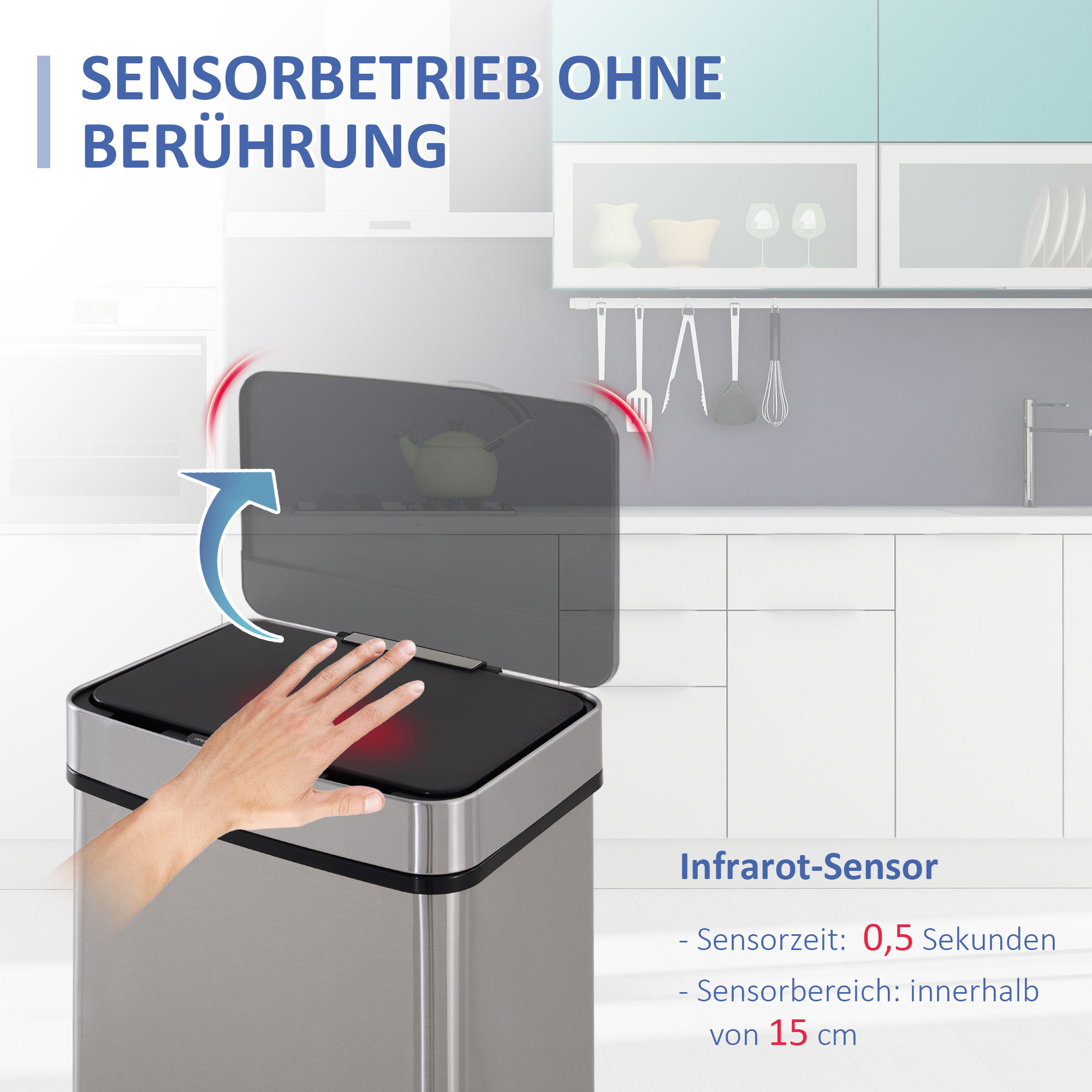 Mülleimer mit Sensor 47L + 2 x 12,5L Automatischer Abfalleimer mit Bewegungssensor, Wasserdichtes Mülltrennsystem aus Edelstahl für Küche Silber