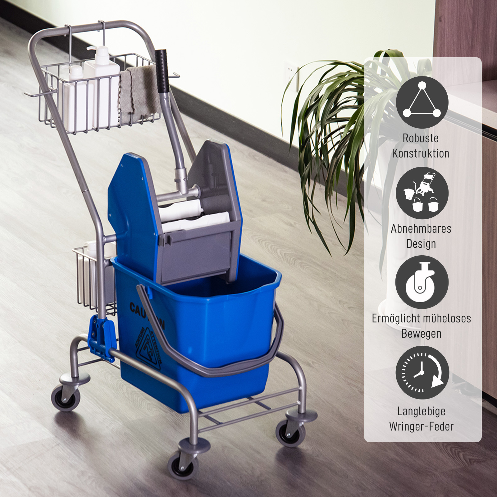 Reinigungseimer, Wischmoppeimer, rollbar, Kunststoff, Metallgriff, Blau