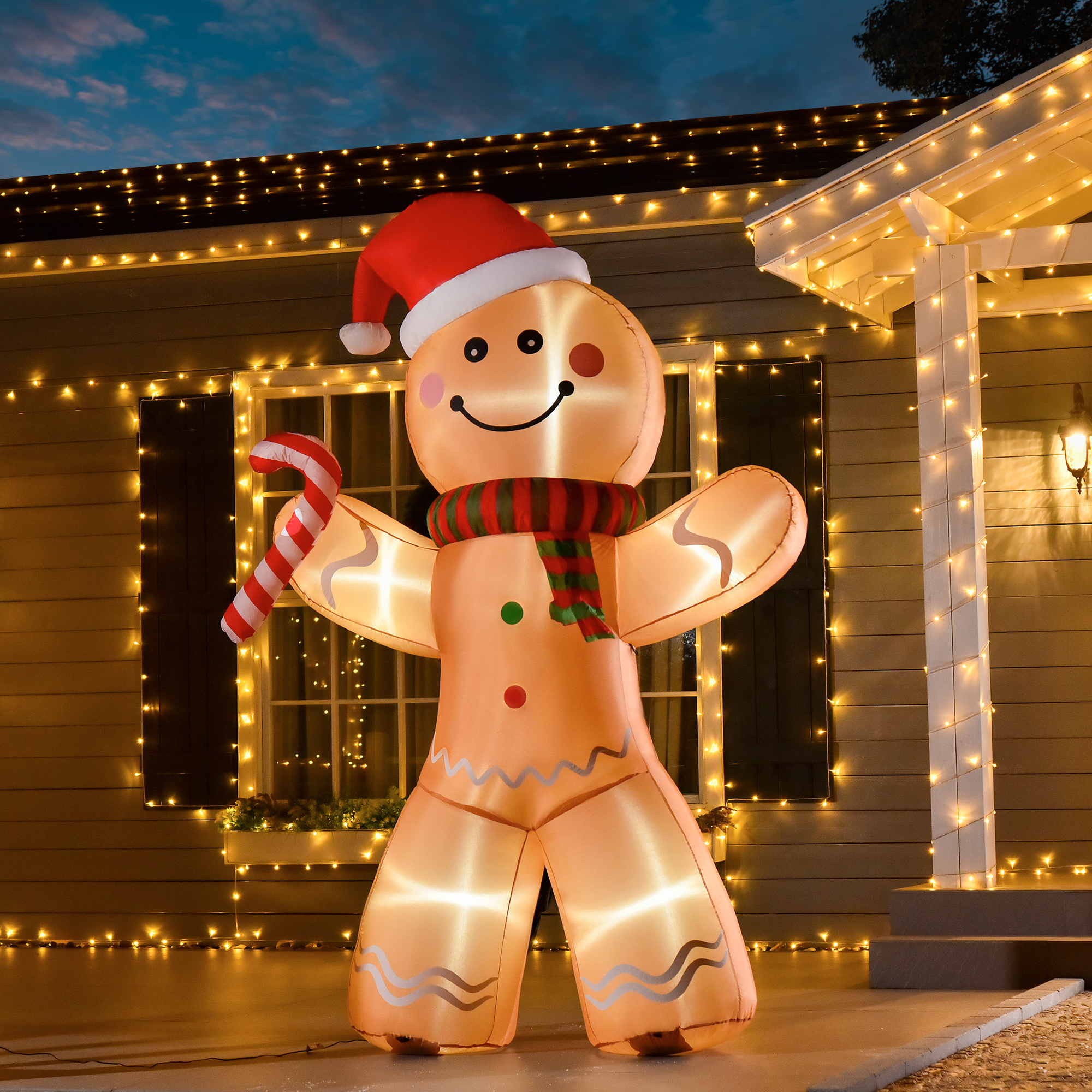 Selbstaufblasender Lebkuchenmann, inkl, Gebläse, Weihnachtsdekoration 2,4 m mit LED-Lichtern